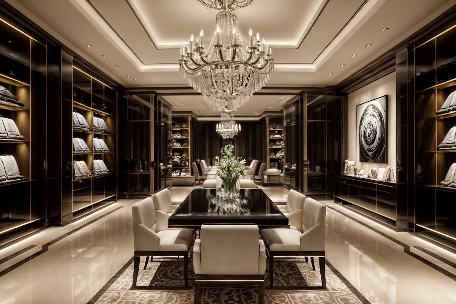 luxury-style (clothing store interior) . . cinematic photo, highly detailed, cinematic lighting, ultra-detailed, ultrarealistic, photorealism, 8k. luxury interior design style. masterpiece, cinematic light, ultrarealistic+, photorealistic+, 8k, raw photo, realistic, sharp focus on eyes, (symmetrical eyes), (intact eyes), hyperrealistic, highest quality, best quality, , highly detailed, masterpiece, best quality, extremely detailed 8k wallpaper, masterpiece, best quality, ultra-detailed, best shadow, detailed background, detailed face, detailed eyes, high contrast, best illumination, detailed face, dulux, caustic, dynamic angle, detailed glow. dramatic lighting. highly detailed, insanely detailed hair, symmetrical, intricate details, professionally retouched, 8k high definition. strong bokeh. award winning photo.