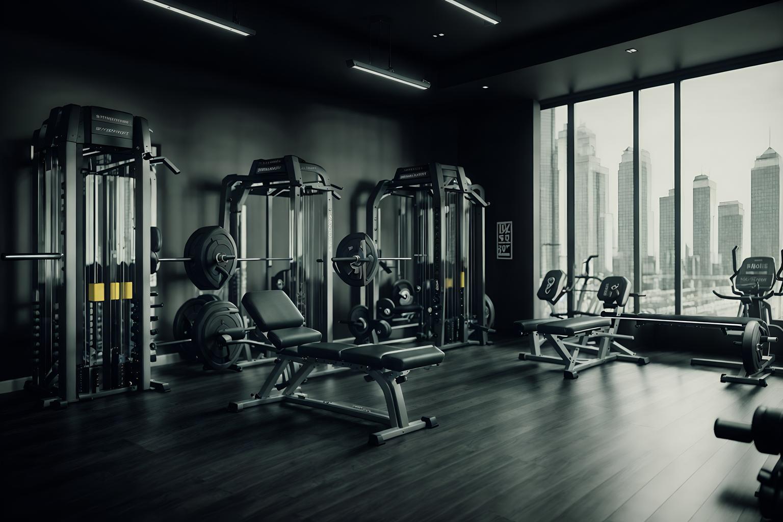 luxury-style (fitness gym interior) with bench press and crosstrainer and exercise bicycle and squat rack and dumbbell stand and bench press. . . cinematic photo, highly detailed, cinematic lighting, ultra-detailed, ultrarealistic, photorealism, 8k. luxury interior design style. masterpiece, cinematic light, ultrarealistic+, photorealistic+, 8k, raw photo, realistic, sharp focus on eyes, (symmetrical eyes), (intact eyes), hyperrealistic, highest quality, best quality, , highly detailed, masterpiece, best quality, extremely detailed 8k wallpaper, masterpiece, best quality, ultra-detailed, best shadow, detailed background, detailed face, detailed eyes, high contrast, best illumination, detailed face, dulux, caustic, dynamic angle, detailed glow. dramatic lighting. highly detailed, insanely detailed hair, symmetrical, intricate details, professionally retouched, 8k high definition. strong bokeh. award winning photo.