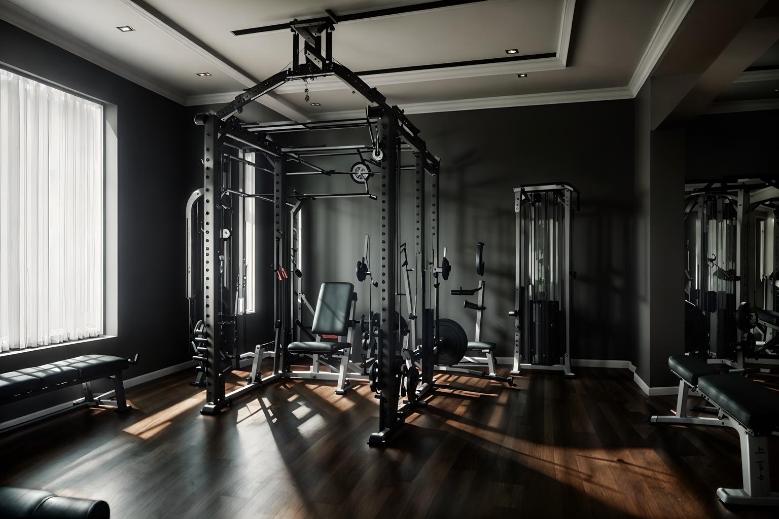 luxury-style (fitness gym interior) with bench press and crosstrainer and exercise bicycle and squat rack and dumbbell stand and bench press. . . cinematic photo, highly detailed, cinematic lighting, ultra-detailed, ultrarealistic, photorealism, 8k. luxury interior design style. masterpiece, cinematic light, ultrarealistic+, photorealistic+, 8k, raw photo, realistic, sharp focus on eyes, (symmetrical eyes), (intact eyes), hyperrealistic, highest quality, best quality, , highly detailed, masterpiece, best quality, extremely detailed 8k wallpaper, masterpiece, best quality, ultra-detailed, best shadow, detailed background, detailed face, detailed eyes, high contrast, best illumination, detailed face, dulux, caustic, dynamic angle, detailed glow. dramatic lighting. highly detailed, insanely detailed hair, symmetrical, intricate details, professionally retouched, 8k high definition. strong bokeh. award winning photo.