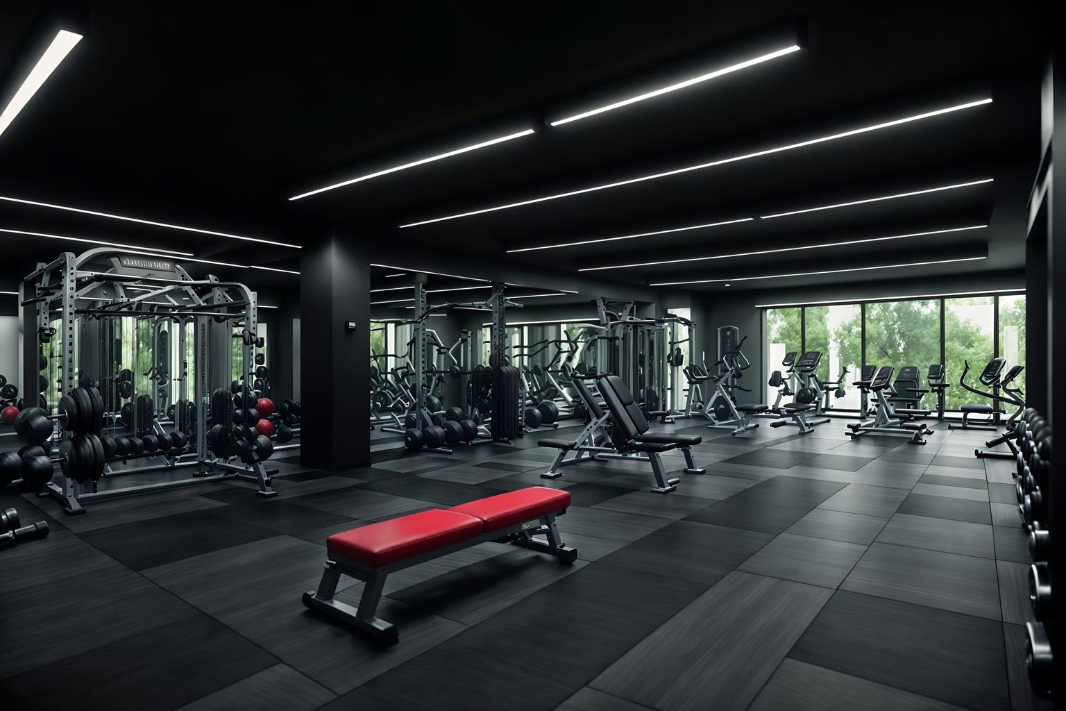 luxury-style (fitness gym interior) with bench press and crosstrainer and exercise bicycle and squat rack and dumbbell stand and bench press. . . cinematic photo, highly detailed, cinematic lighting, ultra-detailed, ultrarealistic, photorealism, 8k. luxury interior design style. masterpiece, cinematic light, ultrarealistic+, photorealistic+, 8k, raw photo, realistic, sharp focus on eyes, (symmetrical eyes), (intact eyes), hyperrealistic, highest quality, best quality, , highly detailed, masterpiece, best quality, extremely detailed 8k wallpaper, masterpiece, best quality, ultra-detailed, best shadow, detailed background, detailed face, detailed eyes, high contrast, best illumination, detailed face, dulux, caustic, dynamic angle, detailed glow. dramatic lighting. highly detailed, insanely detailed hair, symmetrical, intricate details, professionally retouched, 8k high definition. strong bokeh. award winning photo.