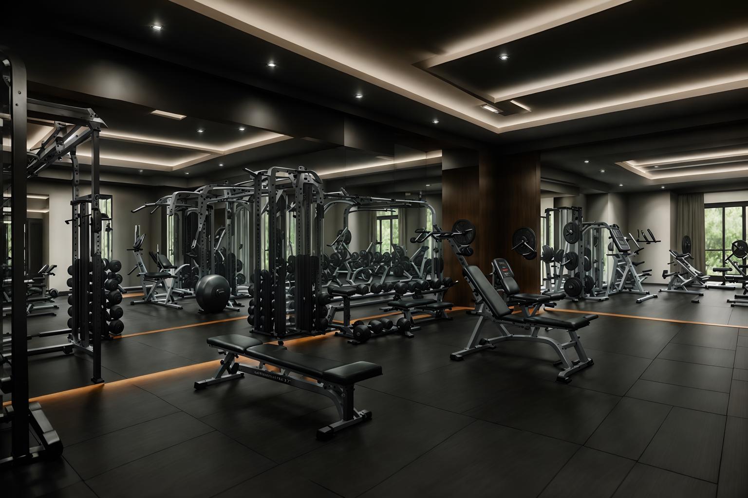 luxury-style (fitness gym interior) with bench press and crosstrainer and exercise bicycle and squat rack and dumbbell stand and bench press. . . cinematic photo, highly detailed, cinematic lighting, ultra-detailed, ultrarealistic, photorealism, 8k. luxury interior design style. masterpiece, cinematic light, ultrarealistic+, photorealistic+, 8k, raw photo, realistic, sharp focus on eyes, (symmetrical eyes), (intact eyes), hyperrealistic, highest quality, best quality, , highly detailed, masterpiece, best quality, extremely detailed 8k wallpaper, masterpiece, best quality, ultra-detailed, best shadow, detailed background, detailed face, detailed eyes, high contrast, best illumination, detailed face, dulux, caustic, dynamic angle, detailed glow. dramatic lighting. highly detailed, insanely detailed hair, symmetrical, intricate details, professionally retouched, 8k high definition. strong bokeh. award winning photo.