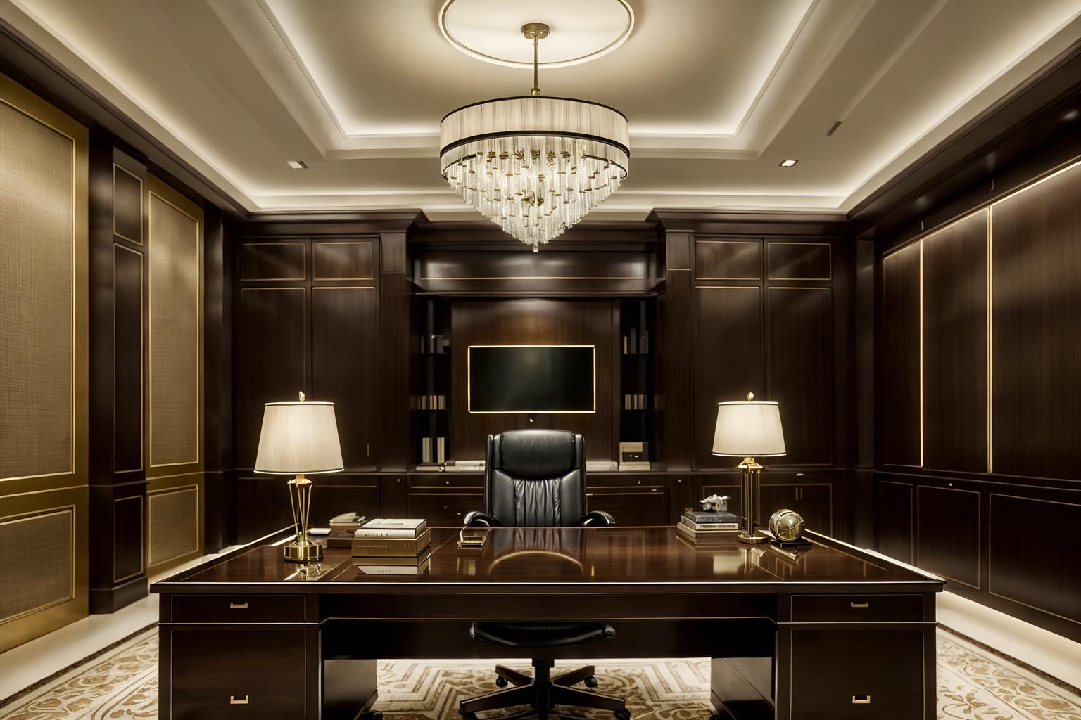 luxury-style (home office interior) with desk lamp and computer desk and office chair and cabinets and plant and desk lamp. . . cinematic photo, highly detailed, cinematic lighting, ultra-detailed, ultrarealistic, photorealism, 8k. luxury interior design style. masterpiece, cinematic light, ultrarealistic+, photorealistic+, 8k, raw photo, realistic, sharp focus on eyes, (symmetrical eyes), (intact eyes), hyperrealistic, highest quality, best quality, , highly detailed, masterpiece, best quality, extremely detailed 8k wallpaper, masterpiece, best quality, ultra-detailed, best shadow, detailed background, detailed face, detailed eyes, high contrast, best illumination, detailed face, dulux, caustic, dynamic angle, detailed glow. dramatic lighting. highly detailed, insanely detailed hair, symmetrical, intricate details, professionally retouched, 8k high definition. strong bokeh. award winning photo.