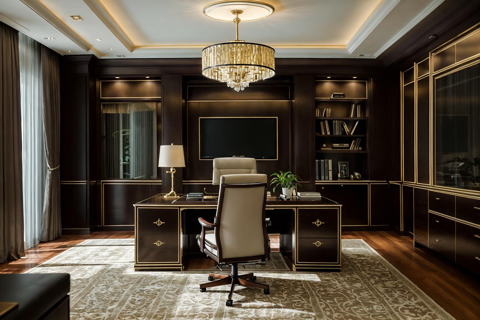 luxury-style (home office interior) with desk lamp and computer desk and office chair and cabinets and plant and desk lamp. . . cinematic photo, highly detailed, cinematic lighting, ultra-detailed, ultrarealistic, photorealism, 8k. luxury interior design style. masterpiece, cinematic light, ultrarealistic+, photorealistic+, 8k, raw photo, realistic, sharp focus on eyes, (symmetrical eyes), (intact eyes), hyperrealistic, highest quality, best quality, , highly detailed, masterpiece, best quality, extremely detailed 8k wallpaper, masterpiece, best quality, ultra-detailed, best shadow, detailed background, detailed face, detailed eyes, high contrast, best illumination, detailed face, dulux, caustic, dynamic angle, detailed glow. dramatic lighting. highly detailed, insanely detailed hair, symmetrical, intricate details, professionally retouched, 8k high definition. strong bokeh. award winning photo.