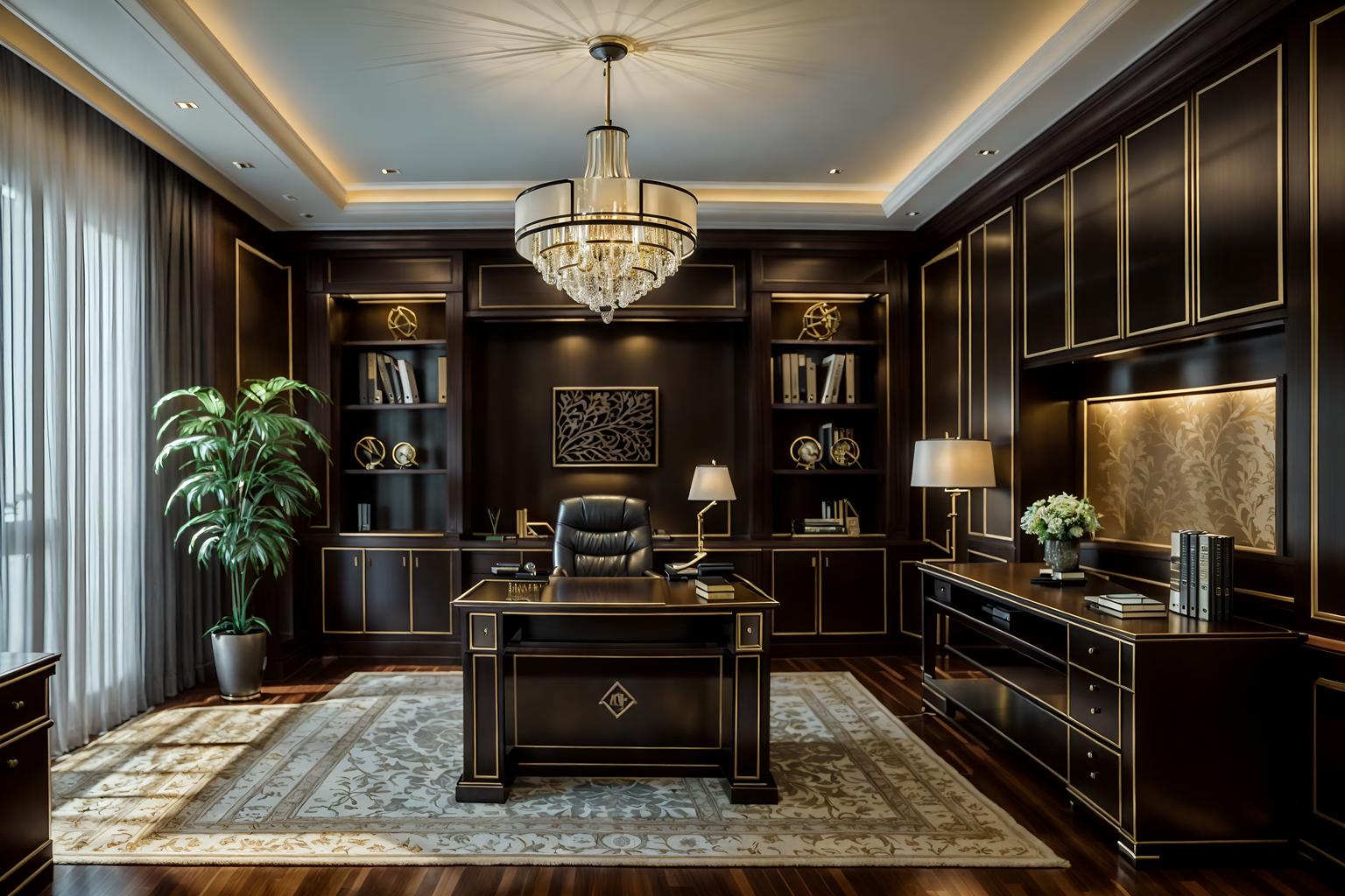 luxury-style (home office interior) with desk lamp and computer desk and office chair and cabinets and plant and desk lamp. . . cinematic photo, highly detailed, cinematic lighting, ultra-detailed, ultrarealistic, photorealism, 8k. luxury interior design style. masterpiece, cinematic light, ultrarealistic+, photorealistic+, 8k, raw photo, realistic, sharp focus on eyes, (symmetrical eyes), (intact eyes), hyperrealistic, highest quality, best quality, , highly detailed, masterpiece, best quality, extremely detailed 8k wallpaper, masterpiece, best quality, ultra-detailed, best shadow, detailed background, detailed face, detailed eyes, high contrast, best illumination, detailed face, dulux, caustic, dynamic angle, detailed glow. dramatic lighting. highly detailed, insanely detailed hair, symmetrical, intricate details, professionally retouched, 8k high definition. strong bokeh. award winning photo.