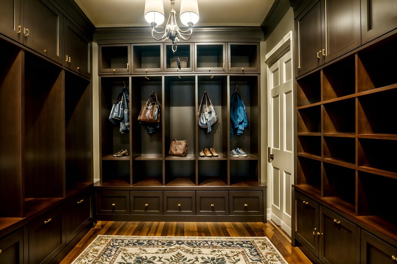 luxury-style (mudroom interior) with high up storage and a bench and shelves for shoes and storage baskets and cubbies and cabinets and storage drawers and wall hooks for coats. . . cinematic photo, highly detailed, cinematic lighting, ultra-detailed, ultrarealistic, photorealism, 8k. luxury interior design style. masterpiece, cinematic light, ultrarealistic+, photorealistic+, 8k, raw photo, realistic, sharp focus on eyes, (symmetrical eyes), (intact eyes), hyperrealistic, highest quality, best quality, , highly detailed, masterpiece, best quality, extremely detailed 8k wallpaper, masterpiece, best quality, ultra-detailed, best shadow, detailed background, detailed face, detailed eyes, high contrast, best illumination, detailed face, dulux, caustic, dynamic angle, detailed glow. dramatic lighting. highly detailed, insanely detailed hair, symmetrical, intricate details, professionally retouched, 8k high definition. strong bokeh. award winning photo.