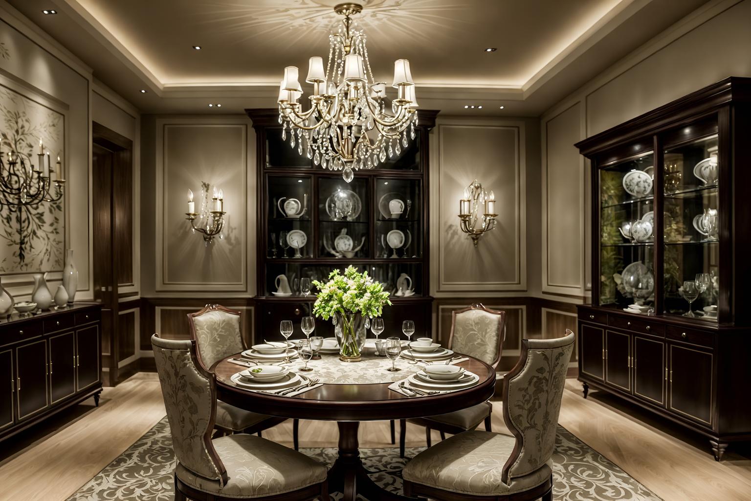 luxury-style (dining room interior) with painting or photo on wall and plates, cutlery and glasses on dining table and table cloth and light or chandelier and dining table chairs and bookshelves and vase and plant. . . cinematic photo, highly detailed, cinematic lighting, ultra-detailed, ultrarealistic, photorealism, 8k. luxury interior design style. masterpiece, cinematic light, ultrarealistic+, photorealistic+, 8k, raw photo, realistic, sharp focus on eyes, (symmetrical eyes), (intact eyes), hyperrealistic, highest quality, best quality, , highly detailed, masterpiece, best quality, extremely detailed 8k wallpaper, masterpiece, best quality, ultra-detailed, best shadow, detailed background, detailed face, detailed eyes, high contrast, best illumination, detailed face, dulux, caustic, dynamic angle, detailed glow. dramatic lighting. highly detailed, insanely detailed hair, symmetrical, intricate details, professionally retouched, 8k high definition. strong bokeh. award winning photo.