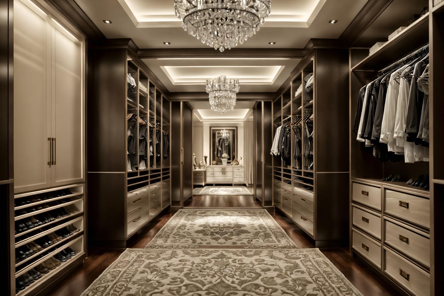 luxury-style (walk in closet interior) . . cinematic photo, highly detailed, cinematic lighting, ultra-detailed, ultrarealistic, photorealism, 8k. luxury interior design style. masterpiece, cinematic light, ultrarealistic+, photorealistic+, 8k, raw photo, realistic, sharp focus on eyes, (symmetrical eyes), (intact eyes), hyperrealistic, highest quality, best quality, , highly detailed, masterpiece, best quality, extremely detailed 8k wallpaper, masterpiece, best quality, ultra-detailed, best shadow, detailed background, detailed face, detailed eyes, high contrast, best illumination, detailed face, dulux, caustic, dynamic angle, detailed glow. dramatic lighting. highly detailed, insanely detailed hair, symmetrical, intricate details, professionally retouched, 8k high definition. strong bokeh. award winning photo.