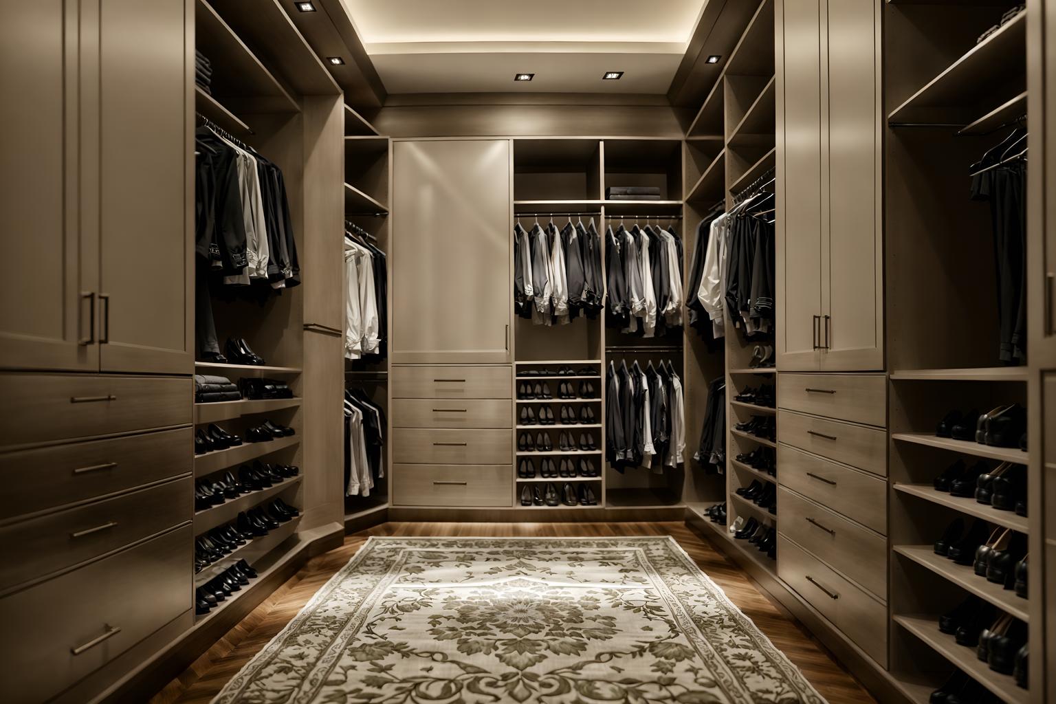 luxury-style (walk in closet interior) . . cinematic photo, highly detailed, cinematic lighting, ultra-detailed, ultrarealistic, photorealism, 8k. luxury interior design style. masterpiece, cinematic light, ultrarealistic+, photorealistic+, 8k, raw photo, realistic, sharp focus on eyes, (symmetrical eyes), (intact eyes), hyperrealistic, highest quality, best quality, , highly detailed, masterpiece, best quality, extremely detailed 8k wallpaper, masterpiece, best quality, ultra-detailed, best shadow, detailed background, detailed face, detailed eyes, high contrast, best illumination, detailed face, dulux, caustic, dynamic angle, detailed glow. dramatic lighting. highly detailed, insanely detailed hair, symmetrical, intricate details, professionally retouched, 8k high definition. strong bokeh. award winning photo.