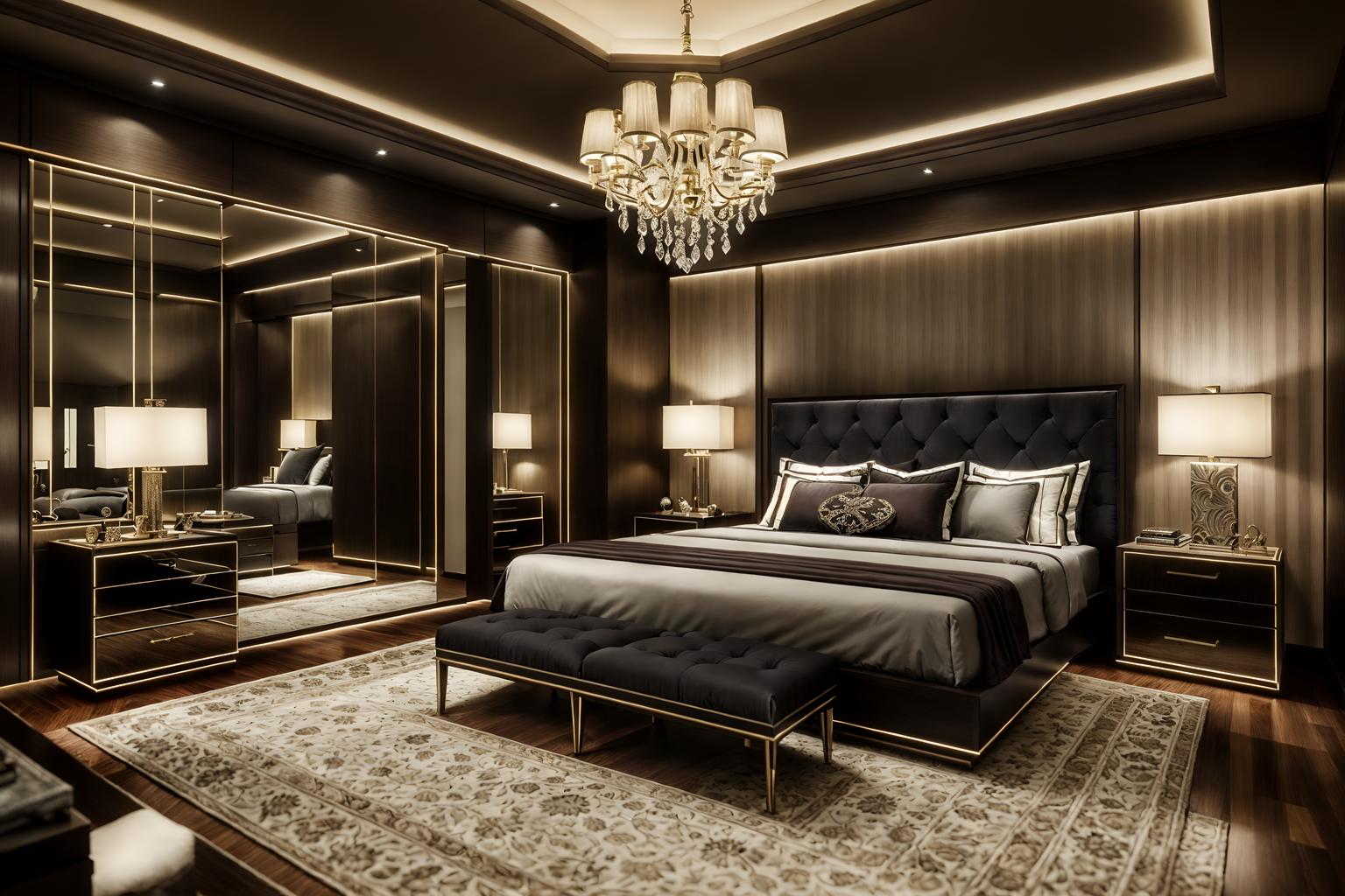 luxury-style (bedroom interior) with dresser closet and plant and headboard and bedside table or night stand and mirror and bed and storage bench or ottoman and night light. . . cinematic photo, highly detailed, cinematic lighting, ultra-detailed, ultrarealistic, photorealism, 8k. luxury interior design style. masterpiece, cinematic light, ultrarealistic+, photorealistic+, 8k, raw photo, realistic, sharp focus on eyes, (symmetrical eyes), (intact eyes), hyperrealistic, highest quality, best quality, , highly detailed, masterpiece, best quality, extremely detailed 8k wallpaper, masterpiece, best quality, ultra-detailed, best shadow, detailed background, detailed face, detailed eyes, high contrast, best illumination, detailed face, dulux, caustic, dynamic angle, detailed glow. dramatic lighting. highly detailed, insanely detailed hair, symmetrical, intricate details, professionally retouched, 8k high definition. strong bokeh. award winning photo.