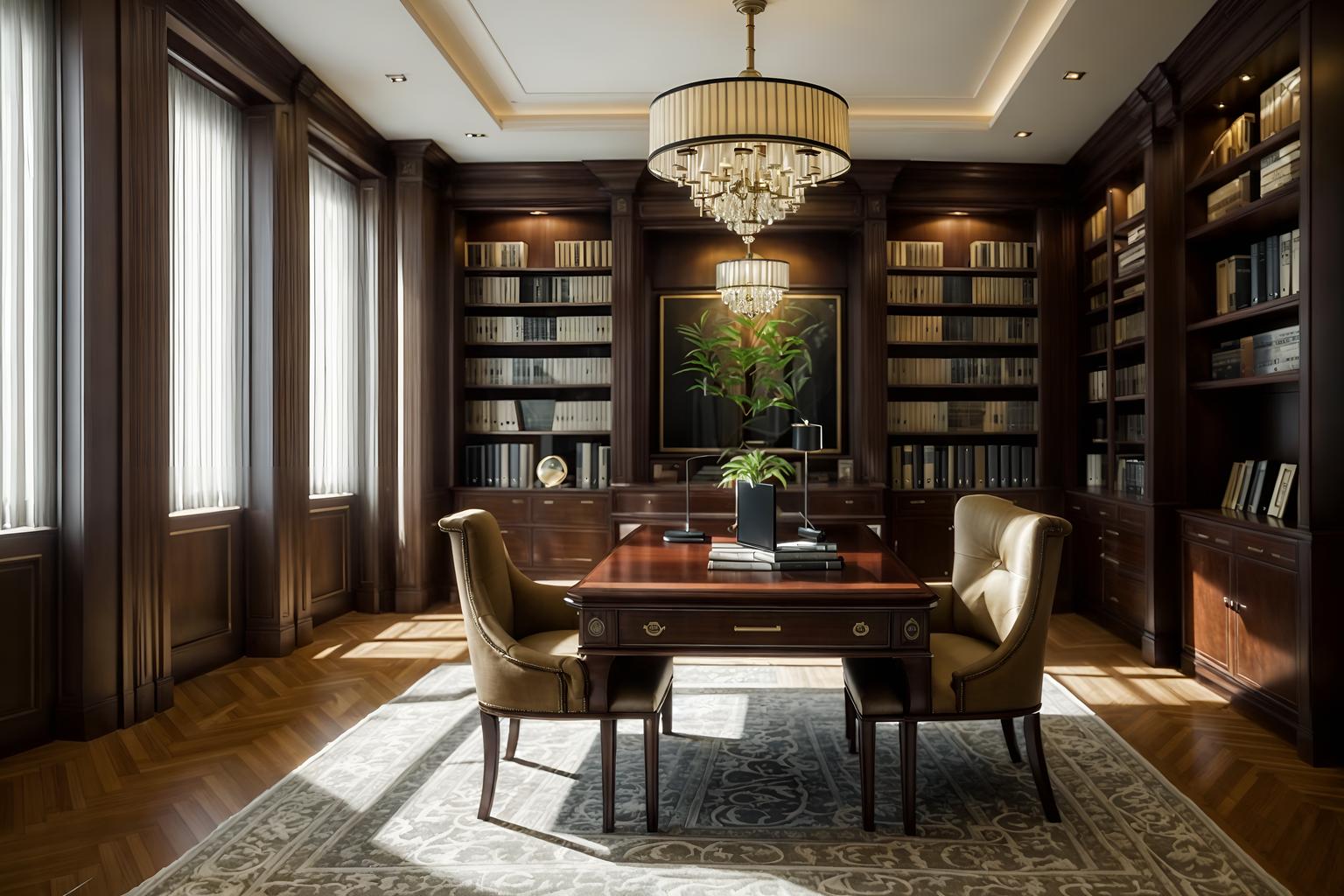 luxury-style (study room interior) with office chair and writing desk and bookshelves and cabinets and lounge chair and desk lamp and plant and office chair. . . cinematic photo, highly detailed, cinematic lighting, ultra-detailed, ultrarealistic, photorealism, 8k. luxury interior design style. masterpiece, cinematic light, ultrarealistic+, photorealistic+, 8k, raw photo, realistic, sharp focus on eyes, (symmetrical eyes), (intact eyes), hyperrealistic, highest quality, best quality, , highly detailed, masterpiece, best quality, extremely detailed 8k wallpaper, masterpiece, best quality, ultra-detailed, best shadow, detailed background, detailed face, detailed eyes, high contrast, best illumination, detailed face, dulux, caustic, dynamic angle, detailed glow. dramatic lighting. highly detailed, insanely detailed hair, symmetrical, intricate details, professionally retouched, 8k high definition. strong bokeh. award winning photo.