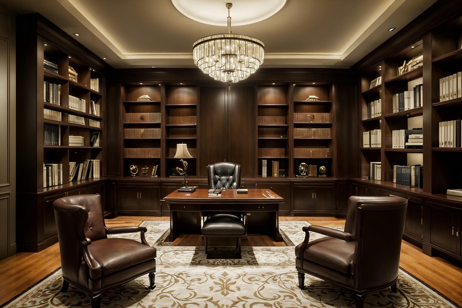 luxury-style (study room interior) with office chair and writing desk and bookshelves and cabinets and lounge chair and desk lamp and plant and office chair. . . cinematic photo, highly detailed, cinematic lighting, ultra-detailed, ultrarealistic, photorealism, 8k. luxury interior design style. masterpiece, cinematic light, ultrarealistic+, photorealistic+, 8k, raw photo, realistic, sharp focus on eyes, (symmetrical eyes), (intact eyes), hyperrealistic, highest quality, best quality, , highly detailed, masterpiece, best quality, extremely detailed 8k wallpaper, masterpiece, best quality, ultra-detailed, best shadow, detailed background, detailed face, detailed eyes, high contrast, best illumination, detailed face, dulux, caustic, dynamic angle, detailed glow. dramatic lighting. highly detailed, insanely detailed hair, symmetrical, intricate details, professionally retouched, 8k high definition. strong bokeh. award winning photo.