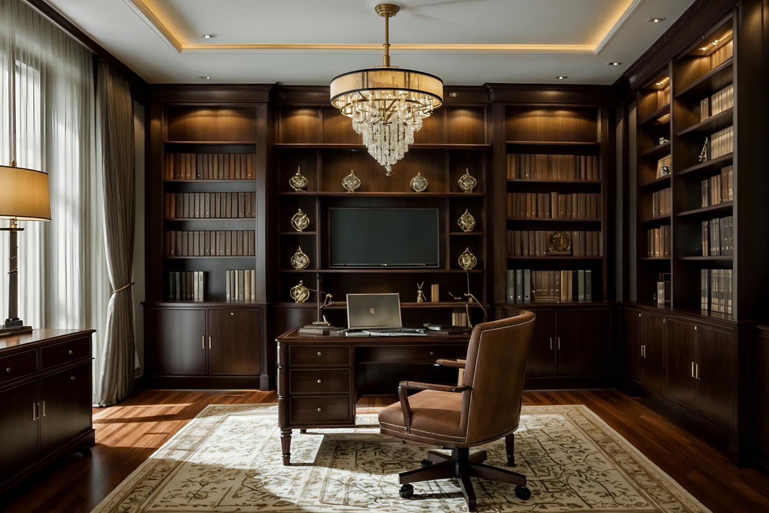 luxury-style (study room interior) with office chair and writing desk and bookshelves and cabinets and lounge chair and desk lamp and plant and office chair. . . cinematic photo, highly detailed, cinematic lighting, ultra-detailed, ultrarealistic, photorealism, 8k. luxury interior design style. masterpiece, cinematic light, ultrarealistic+, photorealistic+, 8k, raw photo, realistic, sharp focus on eyes, (symmetrical eyes), (intact eyes), hyperrealistic, highest quality, best quality, , highly detailed, masterpiece, best quality, extremely detailed 8k wallpaper, masterpiece, best quality, ultra-detailed, best shadow, detailed background, detailed face, detailed eyes, high contrast, best illumination, detailed face, dulux, caustic, dynamic angle, detailed glow. dramatic lighting. highly detailed, insanely detailed hair, symmetrical, intricate details, professionally retouched, 8k high definition. strong bokeh. award winning photo.