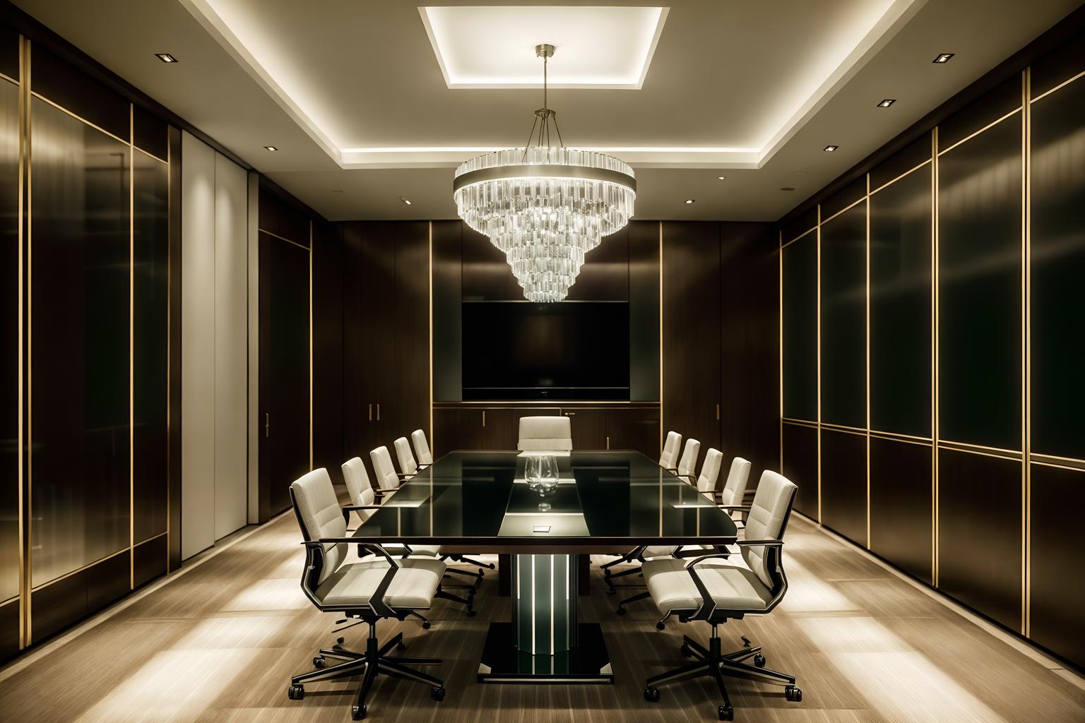 luxury-style (meeting room interior) with cabinets and glass doors and painting or photo on wall and vase and boardroom table and plant and office chairs and glass walls. . . cinematic photo, highly detailed, cinematic lighting, ultra-detailed, ultrarealistic, photorealism, 8k. luxury interior design style. masterpiece, cinematic light, ultrarealistic+, photorealistic+, 8k, raw photo, realistic, sharp focus on eyes, (symmetrical eyes), (intact eyes), hyperrealistic, highest quality, best quality, , highly detailed, masterpiece, best quality, extremely detailed 8k wallpaper, masterpiece, best quality, ultra-detailed, best shadow, detailed background, detailed face, detailed eyes, high contrast, best illumination, detailed face, dulux, caustic, dynamic angle, detailed glow. dramatic lighting. highly detailed, insanely detailed hair, symmetrical, intricate details, professionally retouched, 8k high definition. strong bokeh. award winning photo.