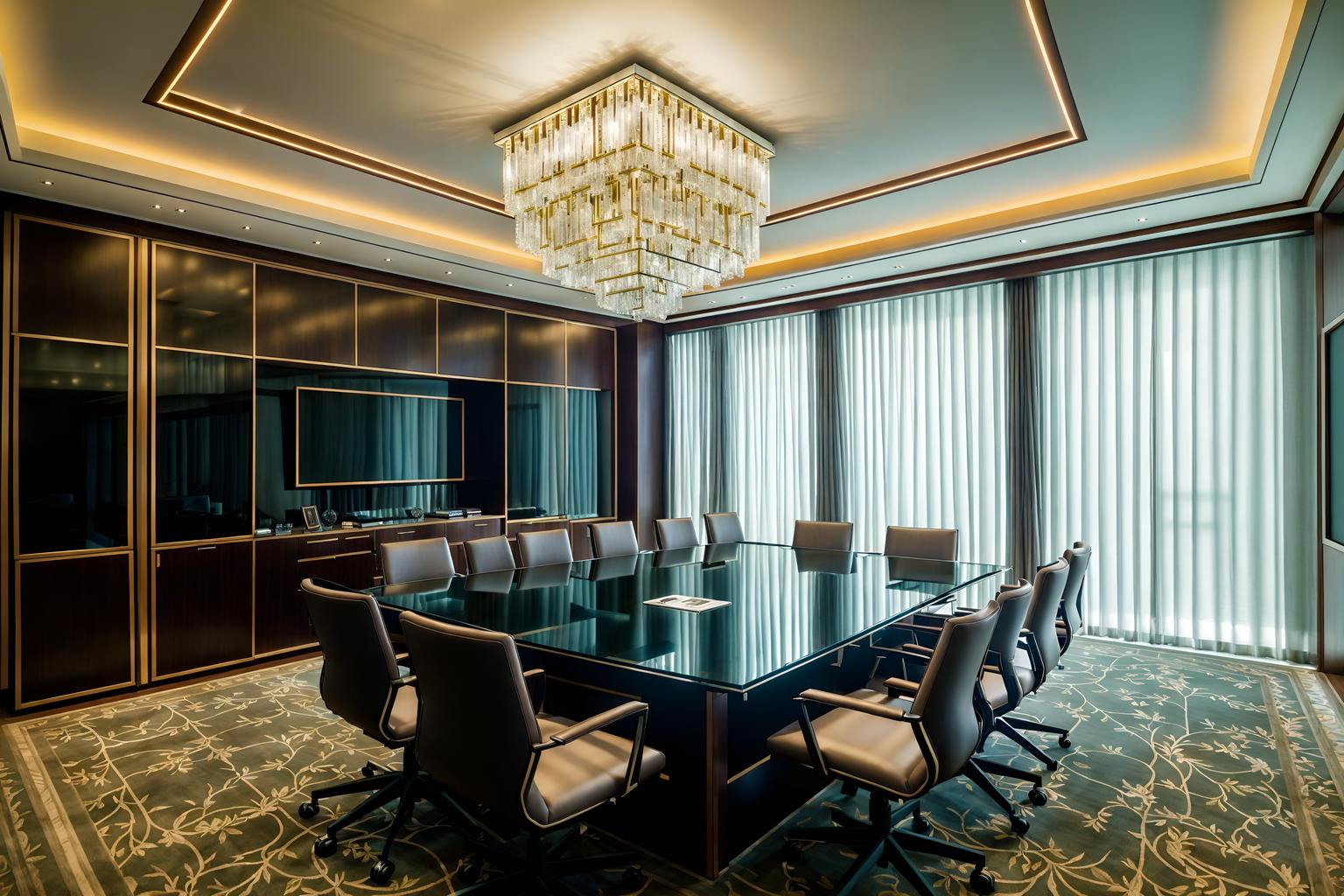 luxury-style (meeting room interior) with cabinets and glass doors and painting or photo on wall and vase and boardroom table and plant and office chairs and glass walls. . . cinematic photo, highly detailed, cinematic lighting, ultra-detailed, ultrarealistic, photorealism, 8k. luxury interior design style. masterpiece, cinematic light, ultrarealistic+, photorealistic+, 8k, raw photo, realistic, sharp focus on eyes, (symmetrical eyes), (intact eyes), hyperrealistic, highest quality, best quality, , highly detailed, masterpiece, best quality, extremely detailed 8k wallpaper, masterpiece, best quality, ultra-detailed, best shadow, detailed background, detailed face, detailed eyes, high contrast, best illumination, detailed face, dulux, caustic, dynamic angle, detailed glow. dramatic lighting. highly detailed, insanely detailed hair, symmetrical, intricate details, professionally retouched, 8k high definition. strong bokeh. award winning photo.