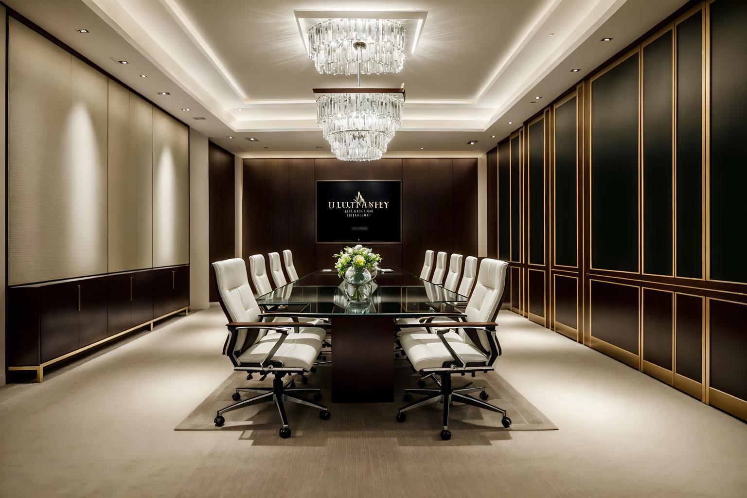 luxury-style (meeting room interior) with cabinets and glass doors and painting or photo on wall and vase and boardroom table and plant and office chairs and glass walls. . . cinematic photo, highly detailed, cinematic lighting, ultra-detailed, ultrarealistic, photorealism, 8k. luxury interior design style. masterpiece, cinematic light, ultrarealistic+, photorealistic+, 8k, raw photo, realistic, sharp focus on eyes, (symmetrical eyes), (intact eyes), hyperrealistic, highest quality, best quality, , highly detailed, masterpiece, best quality, extremely detailed 8k wallpaper, masterpiece, best quality, ultra-detailed, best shadow, detailed background, detailed face, detailed eyes, high contrast, best illumination, detailed face, dulux, caustic, dynamic angle, detailed glow. dramatic lighting. highly detailed, insanely detailed hair, symmetrical, intricate details, professionally retouched, 8k high definition. strong bokeh. award winning photo.