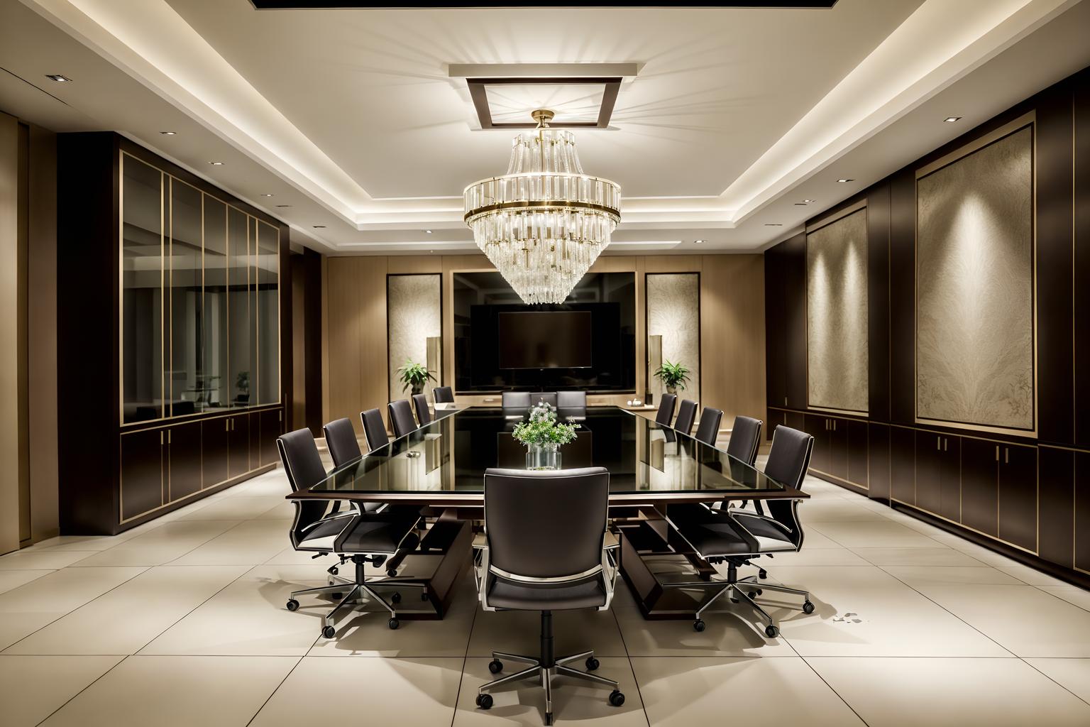 luxury-style (meeting room interior) with cabinets and glass doors and painting or photo on wall and vase and boardroom table and plant and office chairs and glass walls. . . cinematic photo, highly detailed, cinematic lighting, ultra-detailed, ultrarealistic, photorealism, 8k. luxury interior design style. masterpiece, cinematic light, ultrarealistic+, photorealistic+, 8k, raw photo, realistic, sharp focus on eyes, (symmetrical eyes), (intact eyes), hyperrealistic, highest quality, best quality, , highly detailed, masterpiece, best quality, extremely detailed 8k wallpaper, masterpiece, best quality, ultra-detailed, best shadow, detailed background, detailed face, detailed eyes, high contrast, best illumination, detailed face, dulux, caustic, dynamic angle, detailed glow. dramatic lighting. highly detailed, insanely detailed hair, symmetrical, intricate details, professionally retouched, 8k high definition. strong bokeh. award winning photo.