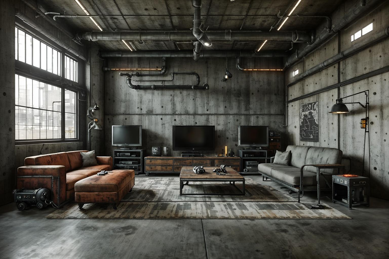 industrial-style (gaming room interior) . with reclaimed wood and neutral tones and open floorplan and raw aesthetic and metal panels and exposed concrete and utilitarian objects and exposed rafters. . cinematic photo, highly detailed, cinematic lighting, ultra-detailed, ultrarealistic, photorealism, 8k. industrial interior design style. masterpiece, cinematic light, ultrarealistic+, photorealistic+, 8k, raw photo, realistic, sharp focus on eyes, (symmetrical eyes), (intact eyes), hyperrealistic, highest quality, best quality, , highly detailed, masterpiece, best quality, extremely detailed 8k wallpaper, masterpiece, best quality, ultra-detailed, best shadow, detailed background, detailed face, detailed eyes, high contrast, best illumination, detailed face, dulux, caustic, dynamic angle, detailed glow. dramatic lighting. highly detailed, insanely detailed hair, symmetrical, intricate details, professionally retouched, 8k high definition. strong bokeh. award winning photo.