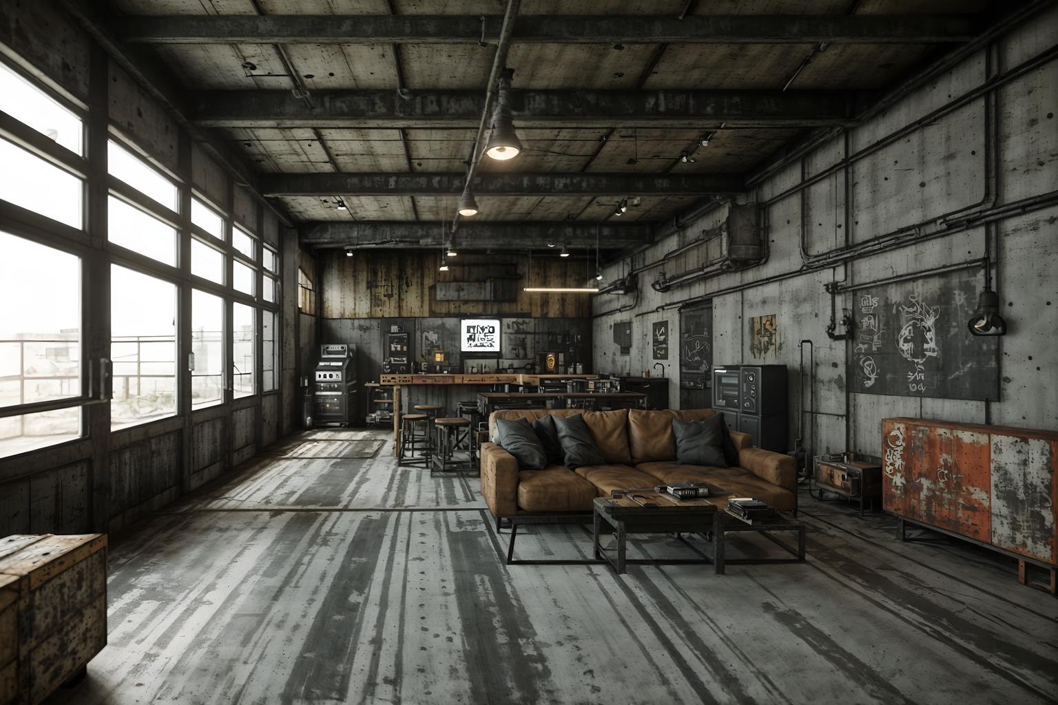 industrial-style (gaming room interior) . with reclaimed wood and neutral tones and open floorplan and raw aesthetic and metal panels and exposed concrete and utilitarian objects and exposed rafters. . cinematic photo, highly detailed, cinematic lighting, ultra-detailed, ultrarealistic, photorealism, 8k. industrial interior design style. masterpiece, cinematic light, ultrarealistic+, photorealistic+, 8k, raw photo, realistic, sharp focus on eyes, (symmetrical eyes), (intact eyes), hyperrealistic, highest quality, best quality, , highly detailed, masterpiece, best quality, extremely detailed 8k wallpaper, masterpiece, best quality, ultra-detailed, best shadow, detailed background, detailed face, detailed eyes, high contrast, best illumination, detailed face, dulux, caustic, dynamic angle, detailed glow. dramatic lighting. highly detailed, insanely detailed hair, symmetrical, intricate details, professionally retouched, 8k high definition. strong bokeh. award winning photo.