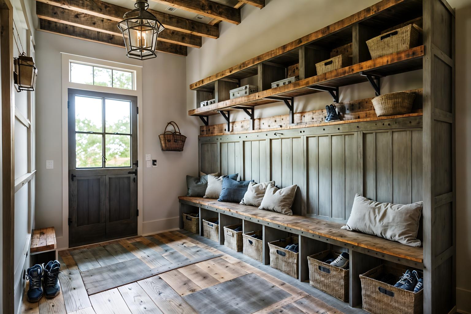 industrial-style (mudroom interior) with shelves for shoes and storage drawers and cubbies and high up storage and wall hooks for coats and storage baskets and a bench and cabinets. . with exposed rafters and reclaimed wood and factory style and exposed brick and raw aesthetic and open floorplan and exposed concrete and neutral tones. . cinematic photo, highly detailed, cinematic lighting, ultra-detailed, ultrarealistic, photorealism, 8k. industrial interior design style. masterpiece, cinematic light, ultrarealistic+, photorealistic+, 8k, raw photo, realistic, sharp focus on eyes, (symmetrical eyes), (intact eyes), hyperrealistic, highest quality, best quality, , highly detailed, masterpiece, best quality, extremely detailed 8k wallpaper, masterpiece, best quality, ultra-detailed, best shadow, detailed background, detailed face, detailed eyes, high contrast, best illumination, detailed face, dulux, caustic, dynamic angle, detailed glow. dramatic lighting. highly detailed, insanely detailed hair, symmetrical, intricate details, professionally retouched, 8k high definition. strong bokeh. award winning photo.