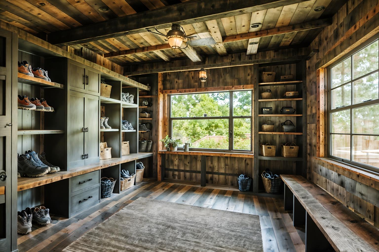 industrial-style (mudroom interior) with shelves for shoes and storage drawers and cubbies and high up storage and wall hooks for coats and storage baskets and a bench and cabinets. . with exposed rafters and reclaimed wood and factory style and exposed brick and raw aesthetic and open floorplan and exposed concrete and neutral tones. . cinematic photo, highly detailed, cinematic lighting, ultra-detailed, ultrarealistic, photorealism, 8k. industrial interior design style. masterpiece, cinematic light, ultrarealistic+, photorealistic+, 8k, raw photo, realistic, sharp focus on eyes, (symmetrical eyes), (intact eyes), hyperrealistic, highest quality, best quality, , highly detailed, masterpiece, best quality, extremely detailed 8k wallpaper, masterpiece, best quality, ultra-detailed, best shadow, detailed background, detailed face, detailed eyes, high contrast, best illumination, detailed face, dulux, caustic, dynamic angle, detailed glow. dramatic lighting. highly detailed, insanely detailed hair, symmetrical, intricate details, professionally retouched, 8k high definition. strong bokeh. award winning photo.