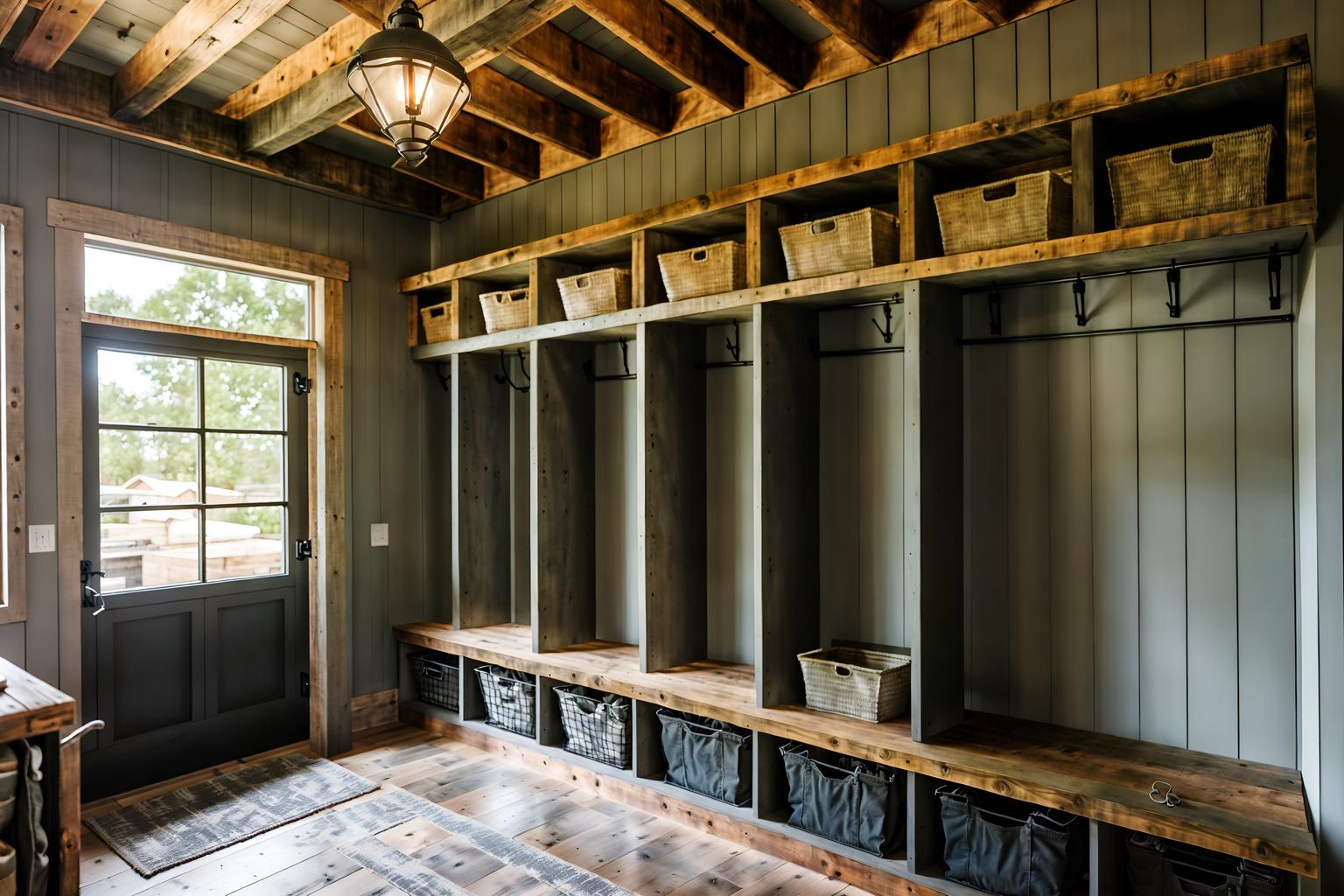 industrial-style (mudroom interior) with shelves for shoes and storage drawers and cubbies and high up storage and wall hooks for coats and storage baskets and a bench and cabinets. . with exposed rafters and reclaimed wood and factory style and exposed brick and raw aesthetic and open floorplan and exposed concrete and neutral tones. . cinematic photo, highly detailed, cinematic lighting, ultra-detailed, ultrarealistic, photorealism, 8k. industrial interior design style. masterpiece, cinematic light, ultrarealistic+, photorealistic+, 8k, raw photo, realistic, sharp focus on eyes, (symmetrical eyes), (intact eyes), hyperrealistic, highest quality, best quality, , highly detailed, masterpiece, best quality, extremely detailed 8k wallpaper, masterpiece, best quality, ultra-detailed, best shadow, detailed background, detailed face, detailed eyes, high contrast, best illumination, detailed face, dulux, caustic, dynamic angle, detailed glow. dramatic lighting. highly detailed, insanely detailed hair, symmetrical, intricate details, professionally retouched, 8k high definition. strong bokeh. award winning photo.