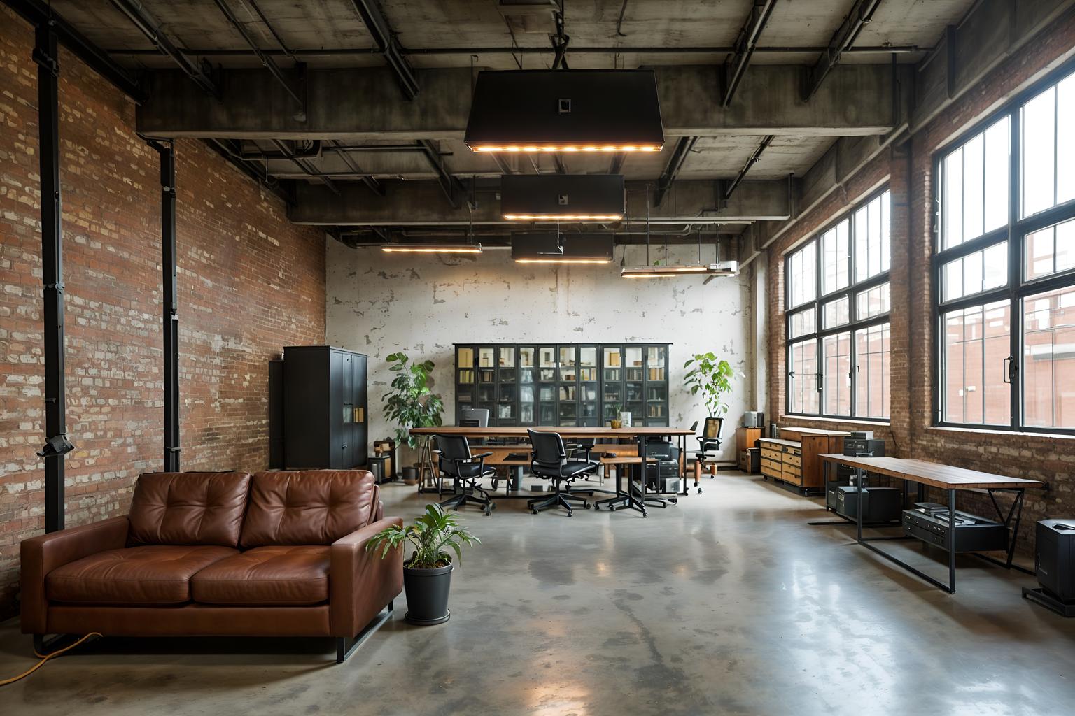 industrial-style (office interior) with office desks and computer desks and lounge chairs and cabinets and desk lamps and windows and seating area with sofa and plants. . with exposed rafters and reclaimed wood and factory style and utilitarian objects and neutral tones and metal panels and exposed brick and open floorplan. . cinematic photo, highly detailed, cinematic lighting, ultra-detailed, ultrarealistic, photorealism, 8k. industrial interior design style. masterpiece, cinematic light, ultrarealistic+, photorealistic+, 8k, raw photo, realistic, sharp focus on eyes, (symmetrical eyes), (intact eyes), hyperrealistic, highest quality, best quality, , highly detailed, masterpiece, best quality, extremely detailed 8k wallpaper, masterpiece, best quality, ultra-detailed, best shadow, detailed background, detailed face, detailed eyes, high contrast, best illumination, detailed face, dulux, caustic, dynamic angle, detailed glow. dramatic lighting. highly detailed, insanely detailed hair, symmetrical, intricate details, professionally retouched, 8k high definition. strong bokeh. award winning photo.