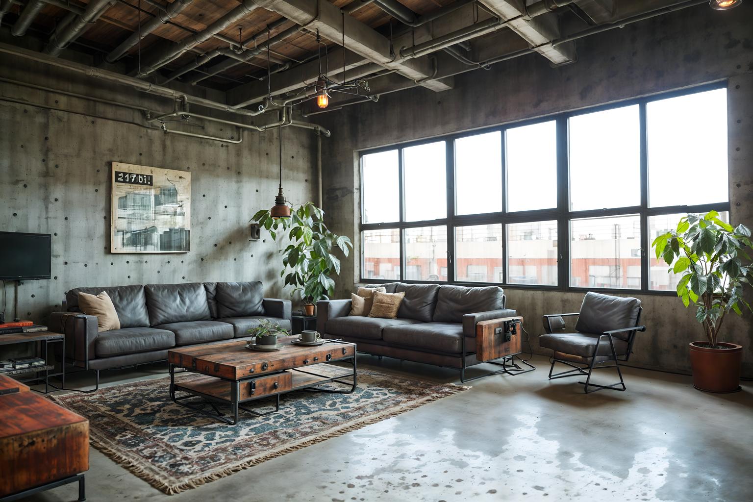 industrial-style (living room interior) with plant and occasional tables and electric lamps and rug and chairs and coffee tables and televisions and furniture. . with open floorplan and exposed concrete and reclaimed wood and factory style and utilitarian objects and metal panels and neutral tones and exposed rafters. . cinematic photo, highly detailed, cinematic lighting, ultra-detailed, ultrarealistic, photorealism, 8k. industrial interior design style. masterpiece, cinematic light, ultrarealistic+, photorealistic+, 8k, raw photo, realistic, sharp focus on eyes, (symmetrical eyes), (intact eyes), hyperrealistic, highest quality, best quality, , highly detailed, masterpiece, best quality, extremely detailed 8k wallpaper, masterpiece, best quality, ultra-detailed, best shadow, detailed background, detailed face, detailed eyes, high contrast, best illumination, detailed face, dulux, caustic, dynamic angle, detailed glow. dramatic lighting. highly detailed, insanely detailed hair, symmetrical, intricate details, professionally retouched, 8k high definition. strong bokeh. award winning photo.