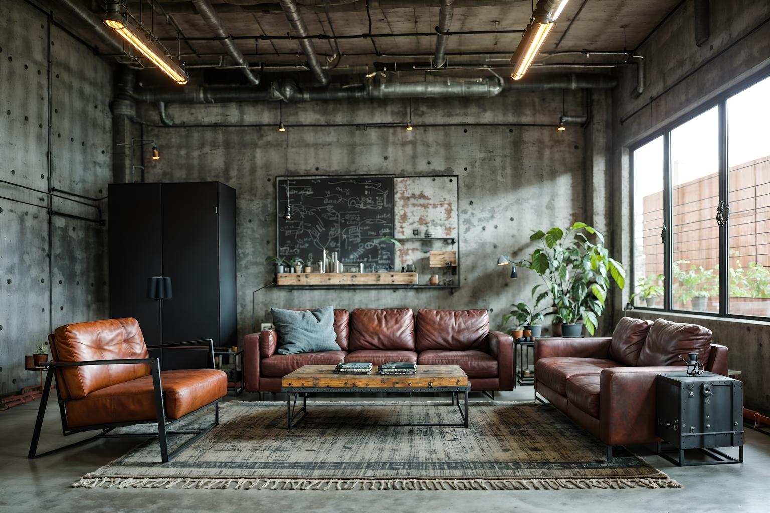 industrial-style (living room interior) with plant and occasional tables and electric lamps and rug and chairs and coffee tables and televisions and furniture. . with open floorplan and exposed concrete and reclaimed wood and factory style and utilitarian objects and metal panels and neutral tones and exposed rafters. . cinematic photo, highly detailed, cinematic lighting, ultra-detailed, ultrarealistic, photorealism, 8k. industrial interior design style. masterpiece, cinematic light, ultrarealistic+, photorealistic+, 8k, raw photo, realistic, sharp focus on eyes, (symmetrical eyes), (intact eyes), hyperrealistic, highest quality, best quality, , highly detailed, masterpiece, best quality, extremely detailed 8k wallpaper, masterpiece, best quality, ultra-detailed, best shadow, detailed background, detailed face, detailed eyes, high contrast, best illumination, detailed face, dulux, caustic, dynamic angle, detailed glow. dramatic lighting. highly detailed, insanely detailed hair, symmetrical, intricate details, professionally retouched, 8k high definition. strong bokeh. award winning photo.