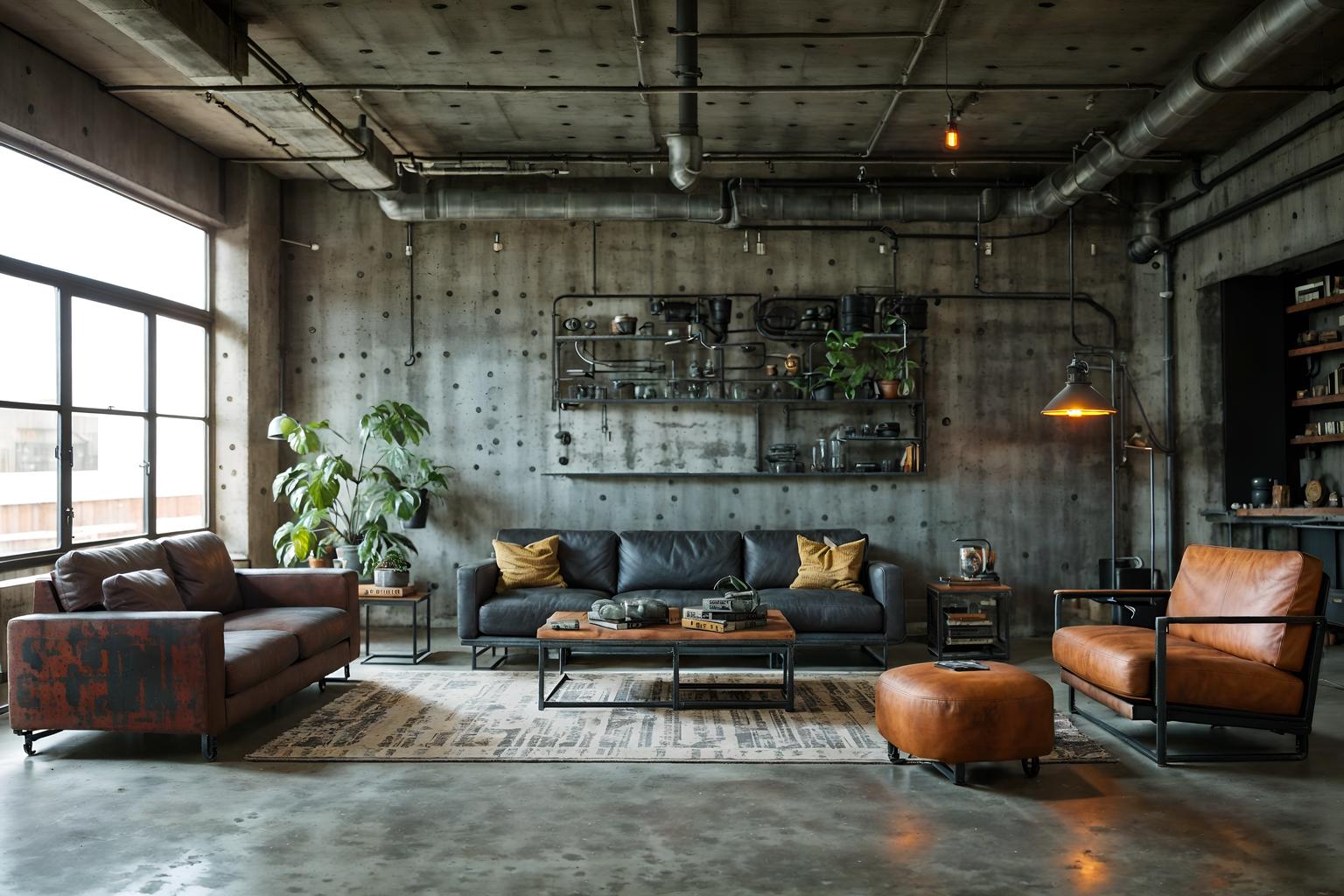 industrial-style (living room interior) with plant and occasional tables and electric lamps and rug and chairs and coffee tables and televisions and furniture. . with open floorplan and exposed concrete and reclaimed wood and factory style and utilitarian objects and metal panels and neutral tones and exposed rafters. . cinematic photo, highly detailed, cinematic lighting, ultra-detailed, ultrarealistic, photorealism, 8k. industrial interior design style. masterpiece, cinematic light, ultrarealistic+, photorealistic+, 8k, raw photo, realistic, sharp focus on eyes, (symmetrical eyes), (intact eyes), hyperrealistic, highest quality, best quality, , highly detailed, masterpiece, best quality, extremely detailed 8k wallpaper, masterpiece, best quality, ultra-detailed, best shadow, detailed background, detailed face, detailed eyes, high contrast, best illumination, detailed face, dulux, caustic, dynamic angle, detailed glow. dramatic lighting. highly detailed, insanely detailed hair, symmetrical, intricate details, professionally retouched, 8k high definition. strong bokeh. award winning photo.