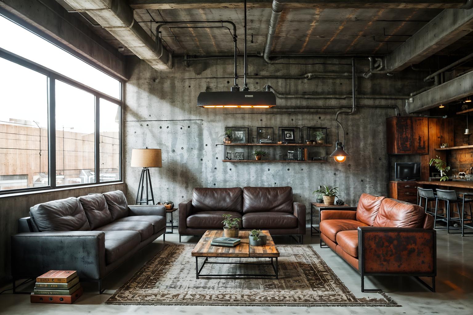 industrial-style (living room interior) with plant and occasional tables and electric lamps and rug and chairs and coffee tables and televisions and furniture. . with open floorplan and exposed concrete and reclaimed wood and factory style and utilitarian objects and metal panels and neutral tones and exposed rafters. . cinematic photo, highly detailed, cinematic lighting, ultra-detailed, ultrarealistic, photorealism, 8k. industrial interior design style. masterpiece, cinematic light, ultrarealistic+, photorealistic+, 8k, raw photo, realistic, sharp focus on eyes, (symmetrical eyes), (intact eyes), hyperrealistic, highest quality, best quality, , highly detailed, masterpiece, best quality, extremely detailed 8k wallpaper, masterpiece, best quality, ultra-detailed, best shadow, detailed background, detailed face, detailed eyes, high contrast, best illumination, detailed face, dulux, caustic, dynamic angle, detailed glow. dramatic lighting. highly detailed, insanely detailed hair, symmetrical, intricate details, professionally retouched, 8k high definition. strong bokeh. award winning photo.