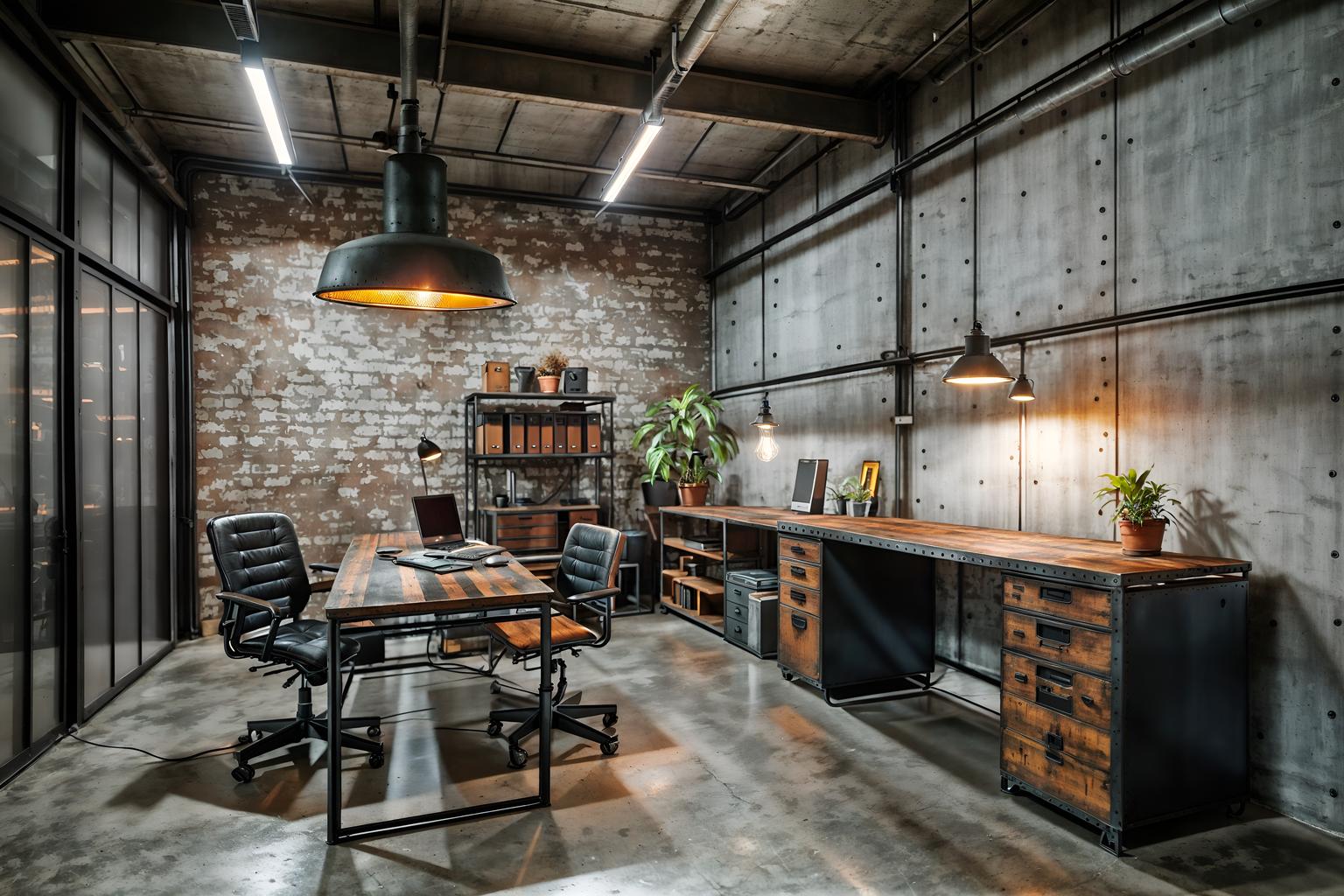 industrial-style (home office interior) with cabinets and office chair and computer desk and plant and desk lamp and cabinets. . with metal panels and factory style and exposed concrete and exposed rafters and exposed brick and open floorplan and raw aesthetic and reclaimed wood. . cinematic photo, highly detailed, cinematic lighting, ultra-detailed, ultrarealistic, photorealism, 8k. industrial interior design style. masterpiece, cinematic light, ultrarealistic+, photorealistic+, 8k, raw photo, realistic, sharp focus on eyes, (symmetrical eyes), (intact eyes), hyperrealistic, highest quality, best quality, , highly detailed, masterpiece, best quality, extremely detailed 8k wallpaper, masterpiece, best quality, ultra-detailed, best shadow, detailed background, detailed face, detailed eyes, high contrast, best illumination, detailed face, dulux, caustic, dynamic angle, detailed glow. dramatic lighting. highly detailed, insanely detailed hair, symmetrical, intricate details, professionally retouched, 8k high definition. strong bokeh. award winning photo.