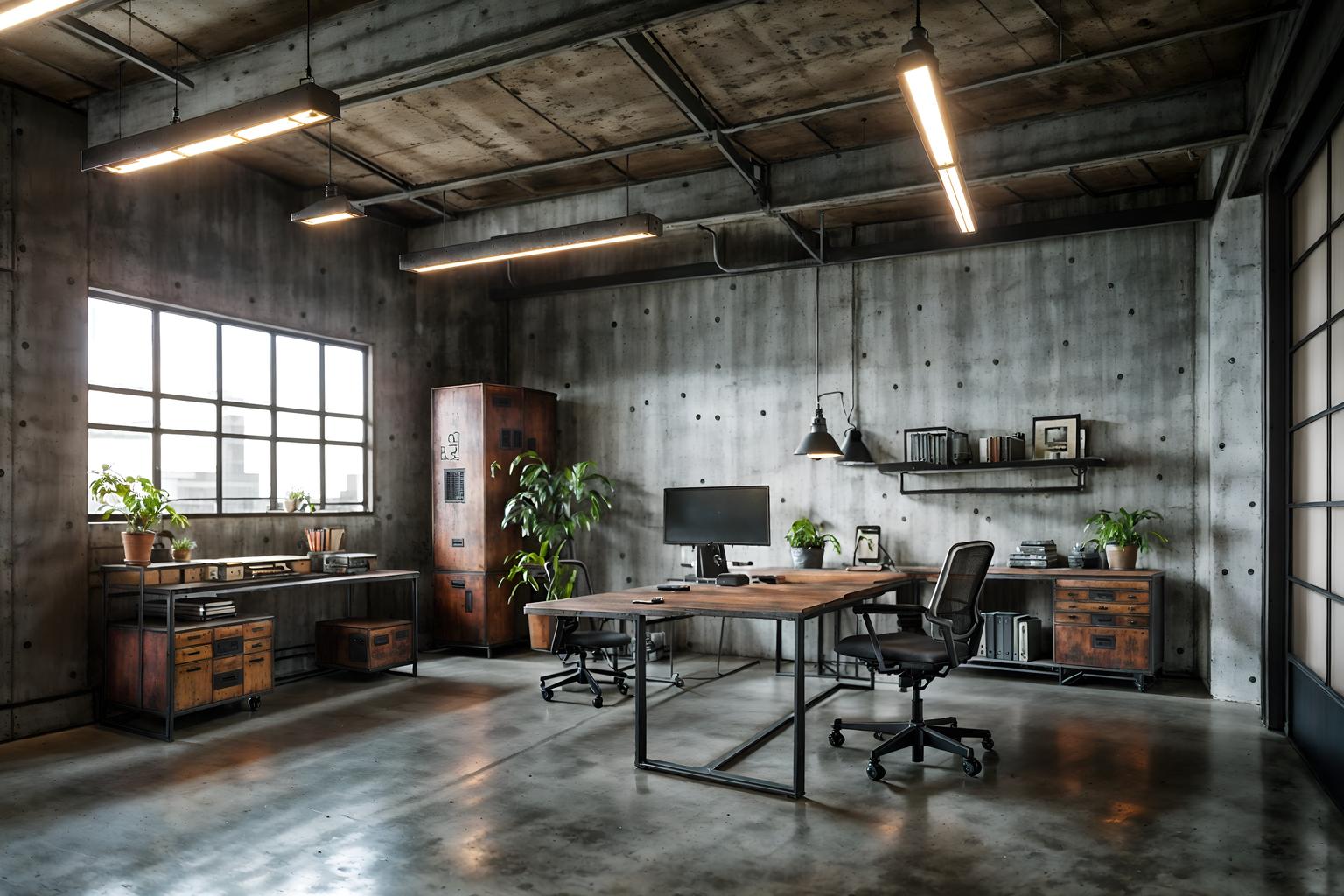 industrial-style (home office interior) with cabinets and office chair and computer desk and plant and desk lamp and cabinets. . with metal panels and factory style and exposed concrete and exposed rafters and exposed brick and open floorplan and raw aesthetic and reclaimed wood. . cinematic photo, highly detailed, cinematic lighting, ultra-detailed, ultrarealistic, photorealism, 8k. industrial interior design style. masterpiece, cinematic light, ultrarealistic+, photorealistic+, 8k, raw photo, realistic, sharp focus on eyes, (symmetrical eyes), (intact eyes), hyperrealistic, highest quality, best quality, , highly detailed, masterpiece, best quality, extremely detailed 8k wallpaper, masterpiece, best quality, ultra-detailed, best shadow, detailed background, detailed face, detailed eyes, high contrast, best illumination, detailed face, dulux, caustic, dynamic angle, detailed glow. dramatic lighting. highly detailed, insanely detailed hair, symmetrical, intricate details, professionally retouched, 8k high definition. strong bokeh. award winning photo.