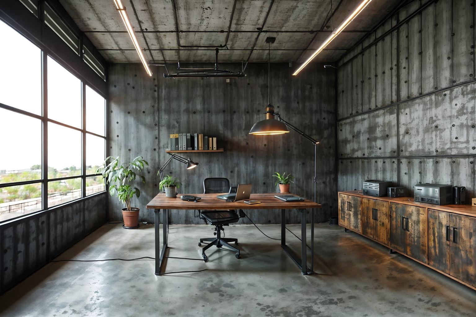 industrial-style (home office interior) with cabinets and office chair and computer desk and plant and desk lamp and cabinets. . with metal panels and factory style and exposed concrete and exposed rafters and exposed brick and open floorplan and raw aesthetic and reclaimed wood. . cinematic photo, highly detailed, cinematic lighting, ultra-detailed, ultrarealistic, photorealism, 8k. industrial interior design style. masterpiece, cinematic light, ultrarealistic+, photorealistic+, 8k, raw photo, realistic, sharp focus on eyes, (symmetrical eyes), (intact eyes), hyperrealistic, highest quality, best quality, , highly detailed, masterpiece, best quality, extremely detailed 8k wallpaper, masterpiece, best quality, ultra-detailed, best shadow, detailed background, detailed face, detailed eyes, high contrast, best illumination, detailed face, dulux, caustic, dynamic angle, detailed glow. dramatic lighting. highly detailed, insanely detailed hair, symmetrical, intricate details, professionally retouched, 8k high definition. strong bokeh. award winning photo.