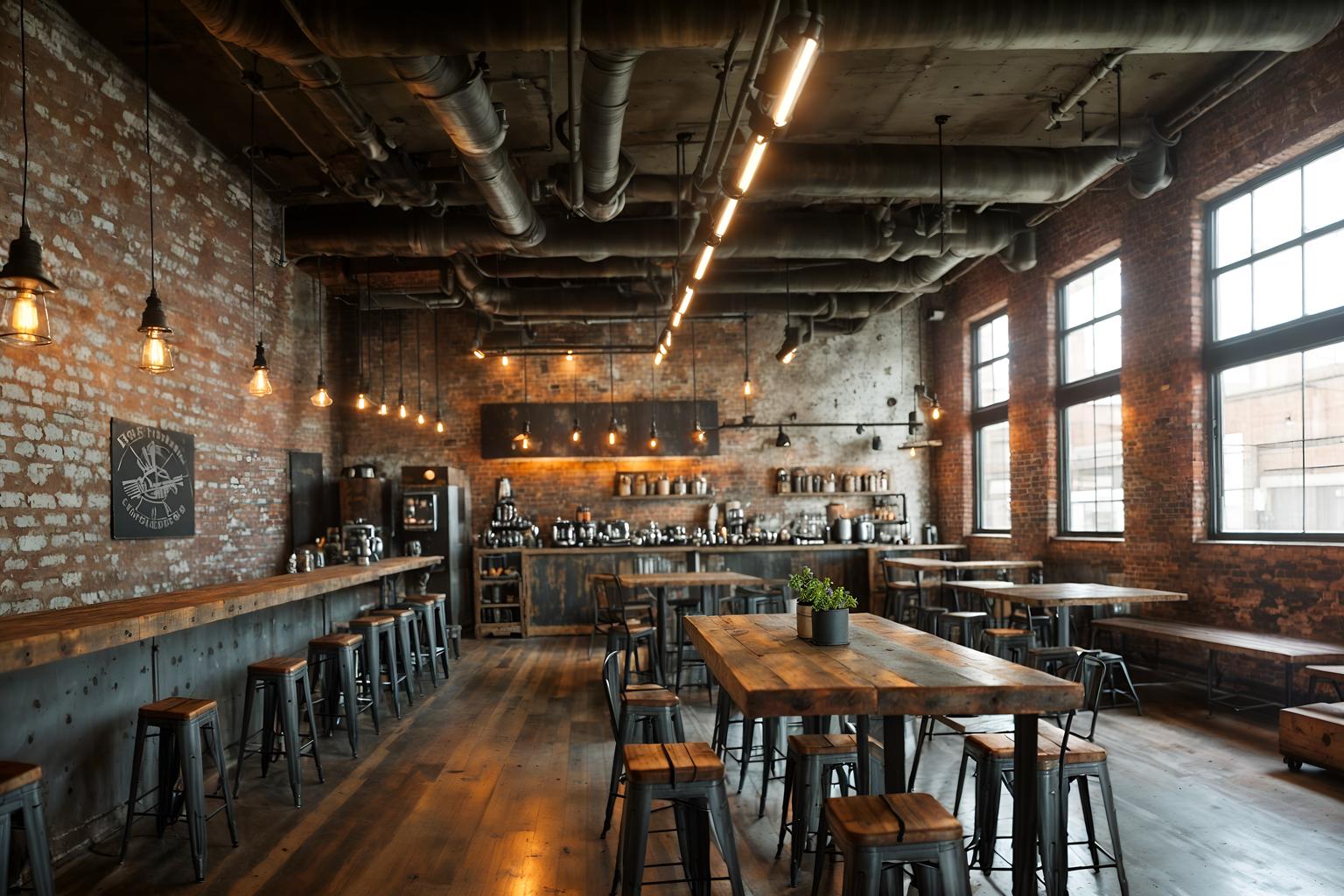 industrial-style (coffee shop interior) . with reclaimed wood and utilitarian objects and exposed brick and metal panels and neutral tones and factory style and exposed concrete and exposed rafters. . cinematic photo, highly detailed, cinematic lighting, ultra-detailed, ultrarealistic, photorealism, 8k. industrial interior design style. masterpiece, cinematic light, ultrarealistic+, photorealistic+, 8k, raw photo, realistic, sharp focus on eyes, (symmetrical eyes), (intact eyes), hyperrealistic, highest quality, best quality, , highly detailed, masterpiece, best quality, extremely detailed 8k wallpaper, masterpiece, best quality, ultra-detailed, best shadow, detailed background, detailed face, detailed eyes, high contrast, best illumination, detailed face, dulux, caustic, dynamic angle, detailed glow. dramatic lighting. highly detailed, insanely detailed hair, symmetrical, intricate details, professionally retouched, 8k high definition. strong bokeh. award winning photo.