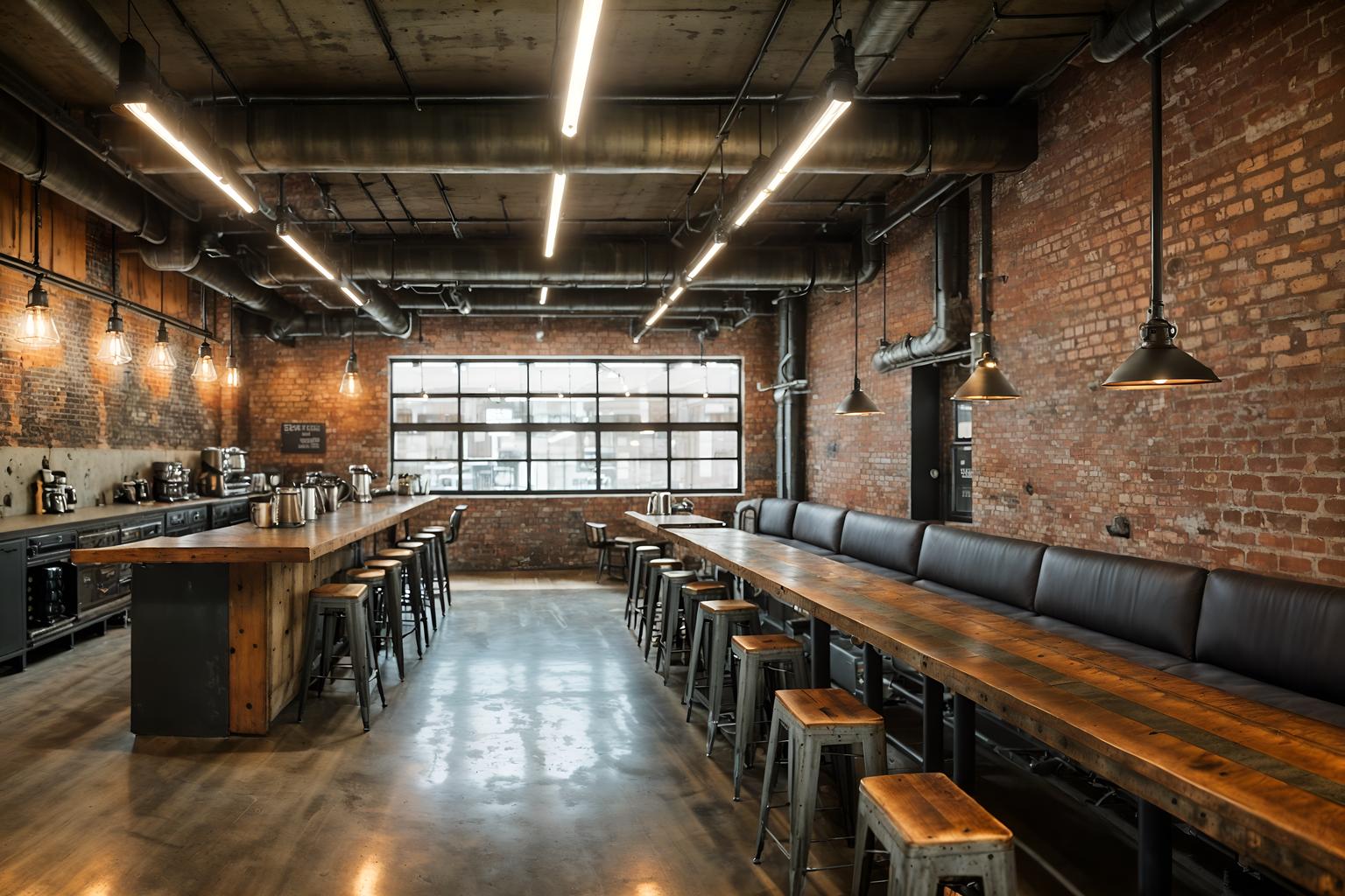 industrial-style (coffee shop interior) . with reclaimed wood and utilitarian objects and exposed brick and metal panels and neutral tones and factory style and exposed concrete and exposed rafters. . cinematic photo, highly detailed, cinematic lighting, ultra-detailed, ultrarealistic, photorealism, 8k. industrial interior design style. masterpiece, cinematic light, ultrarealistic+, photorealistic+, 8k, raw photo, realistic, sharp focus on eyes, (symmetrical eyes), (intact eyes), hyperrealistic, highest quality, best quality, , highly detailed, masterpiece, best quality, extremely detailed 8k wallpaper, masterpiece, best quality, ultra-detailed, best shadow, detailed background, detailed face, detailed eyes, high contrast, best illumination, detailed face, dulux, caustic, dynamic angle, detailed glow. dramatic lighting. highly detailed, insanely detailed hair, symmetrical, intricate details, professionally retouched, 8k high definition. strong bokeh. award winning photo.