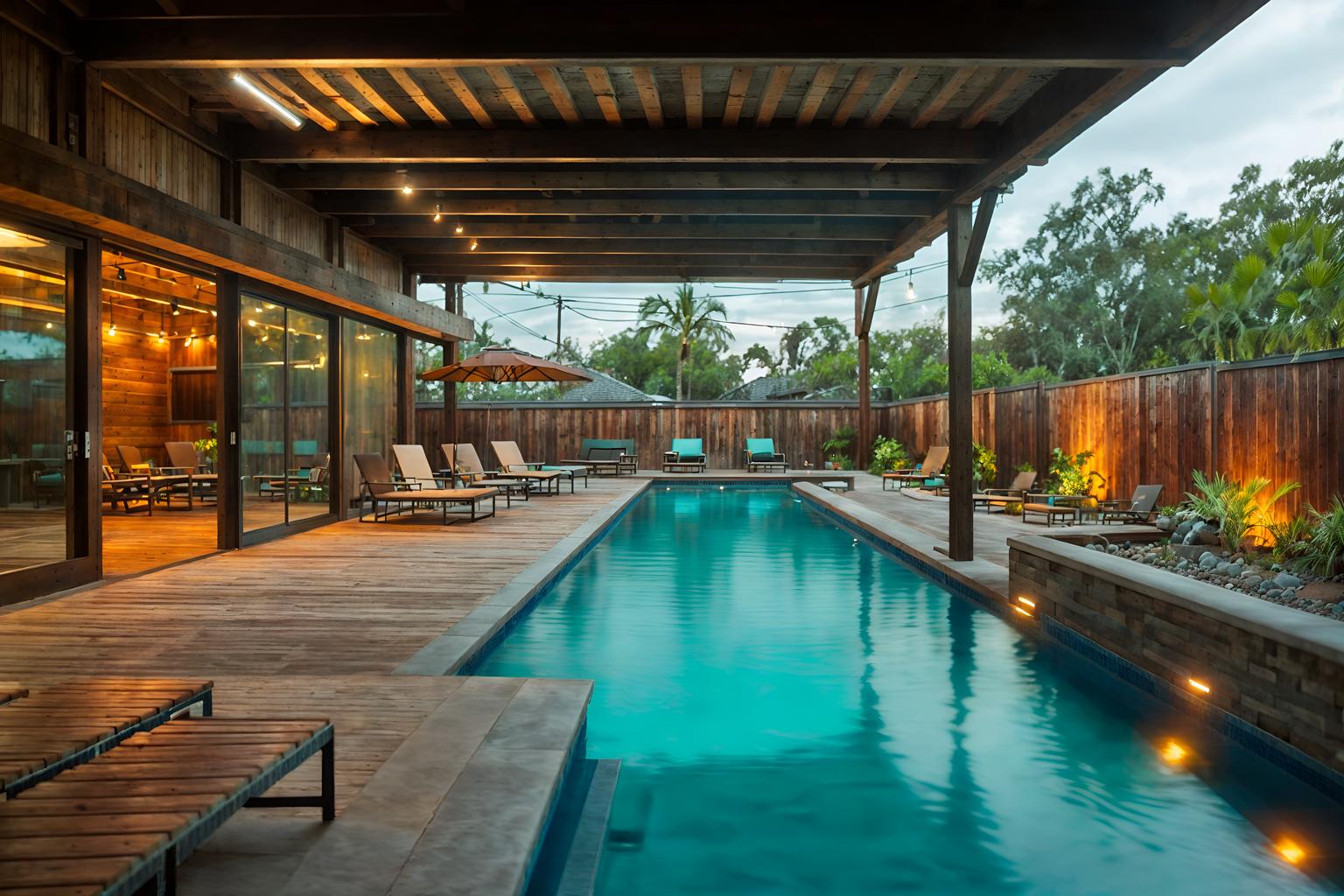 industrial-style designed (outdoor pool area ) with pool lounge chairs and pool lights and pool and pool lounge chairs. . with utilitarian objects and exposed brick and exposed rafters and open floorplan and neutral tones and reclaimed wood and exposed concrete and raw aesthetic. . cinematic photo, highly detailed, cinematic lighting, ultra-detailed, ultrarealistic, photorealism, 8k. industrial design style. masterpiece, cinematic light, ultrarealistic+, photorealistic+, 8k, raw photo, realistic, sharp focus on eyes, (symmetrical eyes), (intact eyes), hyperrealistic, highest quality, best quality, , highly detailed, masterpiece, best quality, extremely detailed 8k wallpaper, masterpiece, best quality, ultra-detailed, best shadow, detailed background, detailed face, detailed eyes, high contrast, best illumination, detailed face, dulux, caustic, dynamic angle, detailed glow. dramatic lighting. highly detailed, insanely detailed hair, symmetrical, intricate details, professionally retouched, 8k high definition. strong bokeh. award winning photo.