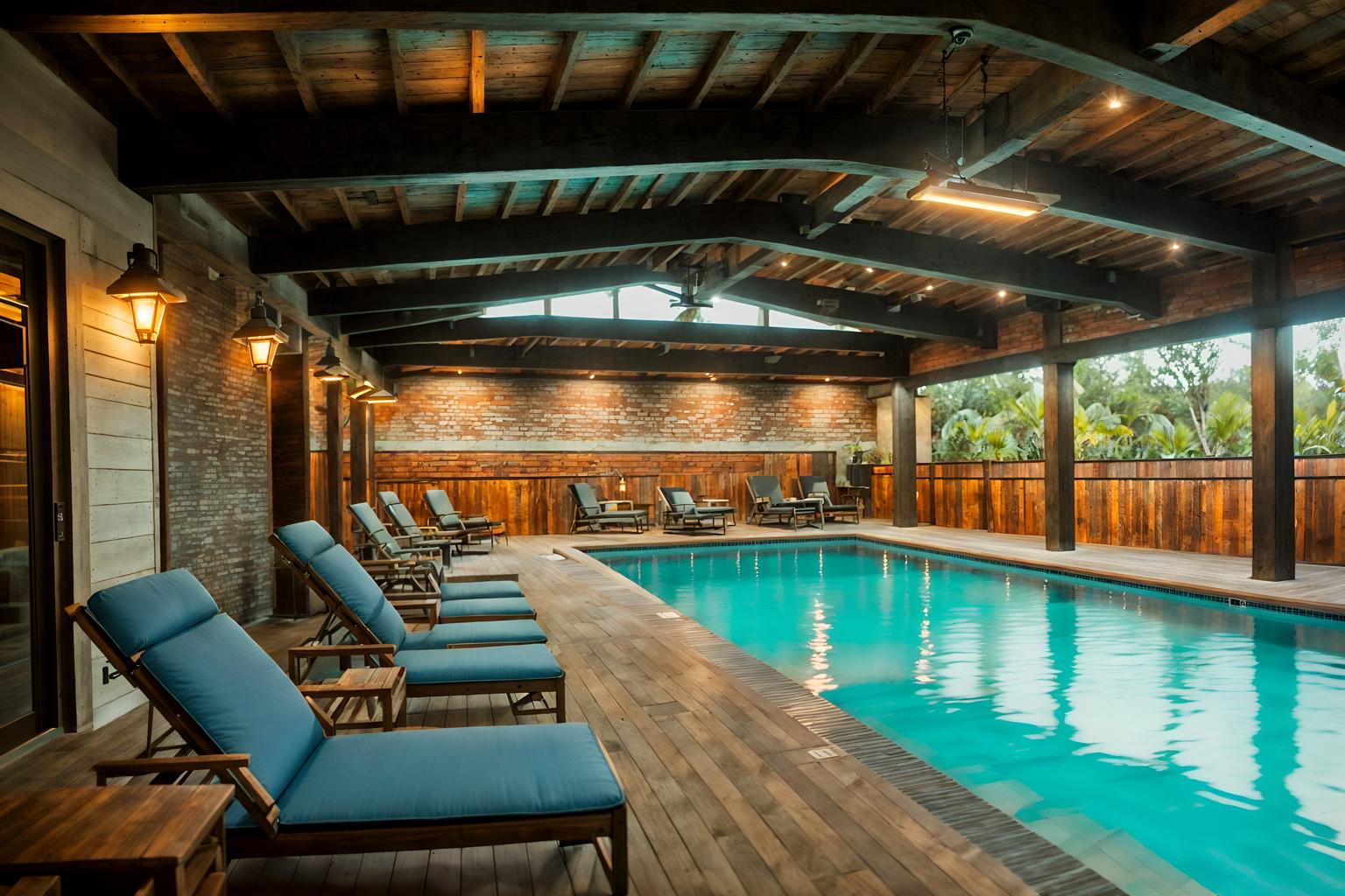 industrial-style designed (outdoor pool area ) with pool lounge chairs and pool lights and pool and pool lounge chairs. . with utilitarian objects and exposed brick and exposed rafters and open floorplan and neutral tones and reclaimed wood and exposed concrete and raw aesthetic. . cinematic photo, highly detailed, cinematic lighting, ultra-detailed, ultrarealistic, photorealism, 8k. industrial design style. masterpiece, cinematic light, ultrarealistic+, photorealistic+, 8k, raw photo, realistic, sharp focus on eyes, (symmetrical eyes), (intact eyes), hyperrealistic, highest quality, best quality, , highly detailed, masterpiece, best quality, extremely detailed 8k wallpaper, masterpiece, best quality, ultra-detailed, best shadow, detailed background, detailed face, detailed eyes, high contrast, best illumination, detailed face, dulux, caustic, dynamic angle, detailed glow. dramatic lighting. highly detailed, insanely detailed hair, symmetrical, intricate details, professionally retouched, 8k high definition. strong bokeh. award winning photo.