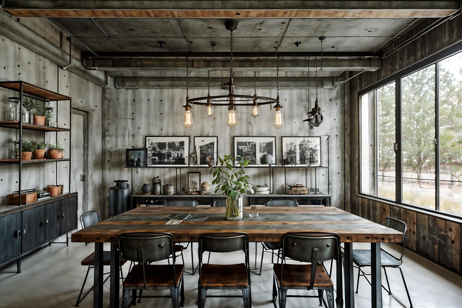 industrial-style (dining room interior) with bookshelves and dining table and vase and light or chandelier and table cloth and plant and painting or photo on wall and dining table chairs. . with neutral tones and factory style and metal panels and raw aesthetic and reclaimed wood and exposed concrete and open floorplan and exposed rafters. . cinematic photo, highly detailed, cinematic lighting, ultra-detailed, ultrarealistic, photorealism, 8k. industrial interior design style. masterpiece, cinematic light, ultrarealistic+, photorealistic+, 8k, raw photo, realistic, sharp focus on eyes, (symmetrical eyes), (intact eyes), hyperrealistic, highest quality, best quality, , highly detailed, masterpiece, best quality, extremely detailed 8k wallpaper, masterpiece, best quality, ultra-detailed, best shadow, detailed background, detailed face, detailed eyes, high contrast, best illumination, detailed face, dulux, caustic, dynamic angle, detailed glow. dramatic lighting. highly detailed, insanely detailed hair, symmetrical, intricate details, professionally retouched, 8k high definition. strong bokeh. award winning photo.