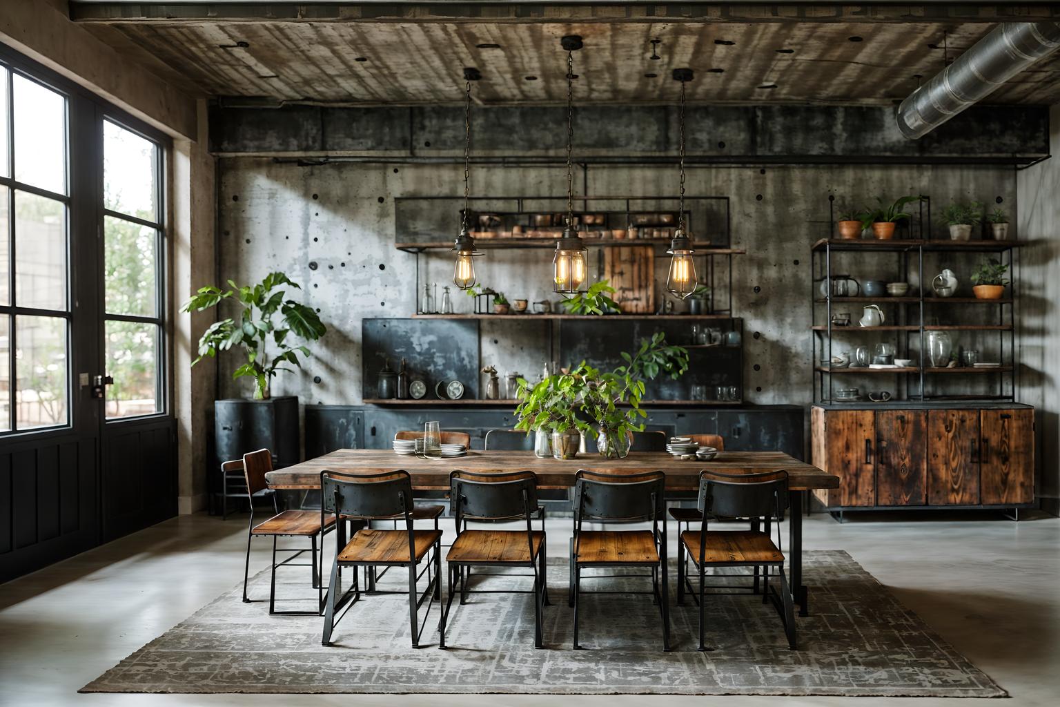 industrial-style (dining room interior) with bookshelves and dining table and vase and light or chandelier and table cloth and plant and painting or photo on wall and dining table chairs. . with neutral tones and factory style and metal panels and raw aesthetic and reclaimed wood and exposed concrete and open floorplan and exposed rafters. . cinematic photo, highly detailed, cinematic lighting, ultra-detailed, ultrarealistic, photorealism, 8k. industrial interior design style. masterpiece, cinematic light, ultrarealistic+, photorealistic+, 8k, raw photo, realistic, sharp focus on eyes, (symmetrical eyes), (intact eyes), hyperrealistic, highest quality, best quality, , highly detailed, masterpiece, best quality, extremely detailed 8k wallpaper, masterpiece, best quality, ultra-detailed, best shadow, detailed background, detailed face, detailed eyes, high contrast, best illumination, detailed face, dulux, caustic, dynamic angle, detailed glow. dramatic lighting. highly detailed, insanely detailed hair, symmetrical, intricate details, professionally retouched, 8k high definition. strong bokeh. award winning photo.