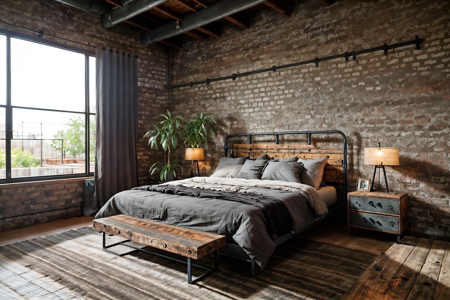 industrial-style (bedroom interior) with mirror and bed and dresser closet and headboard and accent chair and plant and bedside table or night stand and night light. . with exposed rafters and exposed brick and raw aesthetic and reclaimed wood and factory style and neutral tones and open floorplan and metal panels. . cinematic photo, highly detailed, cinematic lighting, ultra-detailed, ultrarealistic, photorealism, 8k. industrial interior design style. masterpiece, cinematic light, ultrarealistic+, photorealistic+, 8k, raw photo, realistic, sharp focus on eyes, (symmetrical eyes), (intact eyes), hyperrealistic, highest quality, best quality, , highly detailed, masterpiece, best quality, extremely detailed 8k wallpaper, masterpiece, best quality, ultra-detailed, best shadow, detailed background, detailed face, detailed eyes, high contrast, best illumination, detailed face, dulux, caustic, dynamic angle, detailed glow. dramatic lighting. highly detailed, insanely detailed hair, symmetrical, intricate details, professionally retouched, 8k high definition. strong bokeh. award winning photo.