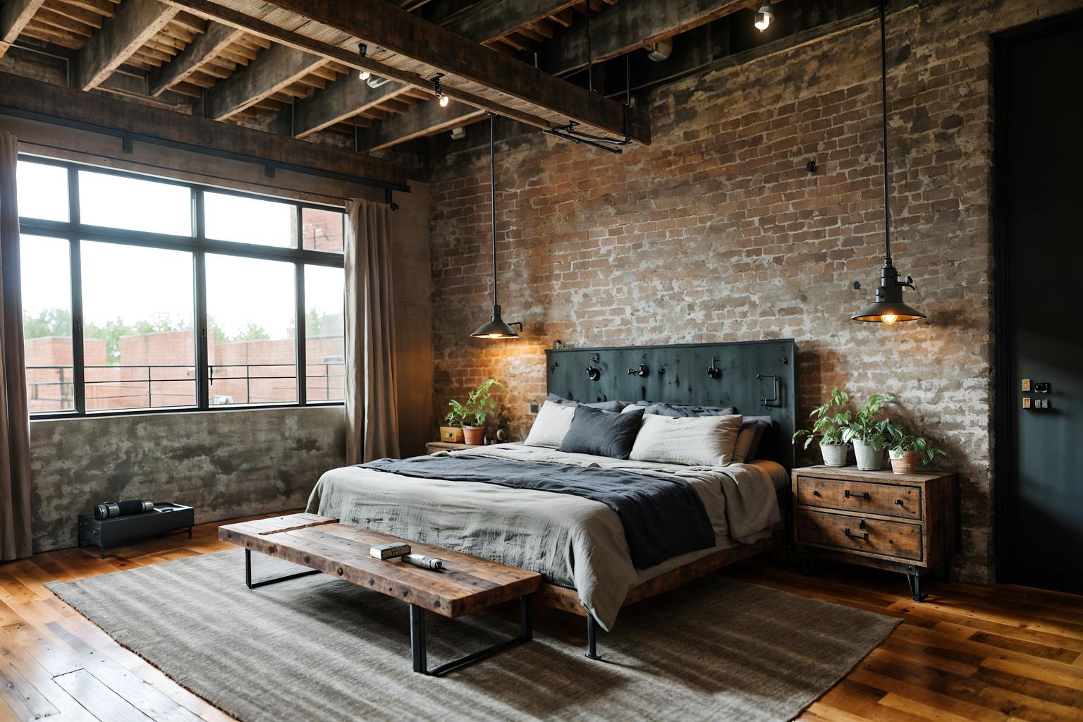 industrial-style (bedroom interior) with mirror and bed and dresser closet and headboard and accent chair and plant and bedside table or night stand and night light. . with exposed rafters and exposed brick and raw aesthetic and reclaimed wood and factory style and neutral tones and open floorplan and metal panels. . cinematic photo, highly detailed, cinematic lighting, ultra-detailed, ultrarealistic, photorealism, 8k. industrial interior design style. masterpiece, cinematic light, ultrarealistic+, photorealistic+, 8k, raw photo, realistic, sharp focus on eyes, (symmetrical eyes), (intact eyes), hyperrealistic, highest quality, best quality, , highly detailed, masterpiece, best quality, extremely detailed 8k wallpaper, masterpiece, best quality, ultra-detailed, best shadow, detailed background, detailed face, detailed eyes, high contrast, best illumination, detailed face, dulux, caustic, dynamic angle, detailed glow. dramatic lighting. highly detailed, insanely detailed hair, symmetrical, intricate details, professionally retouched, 8k high definition. strong bokeh. award winning photo.