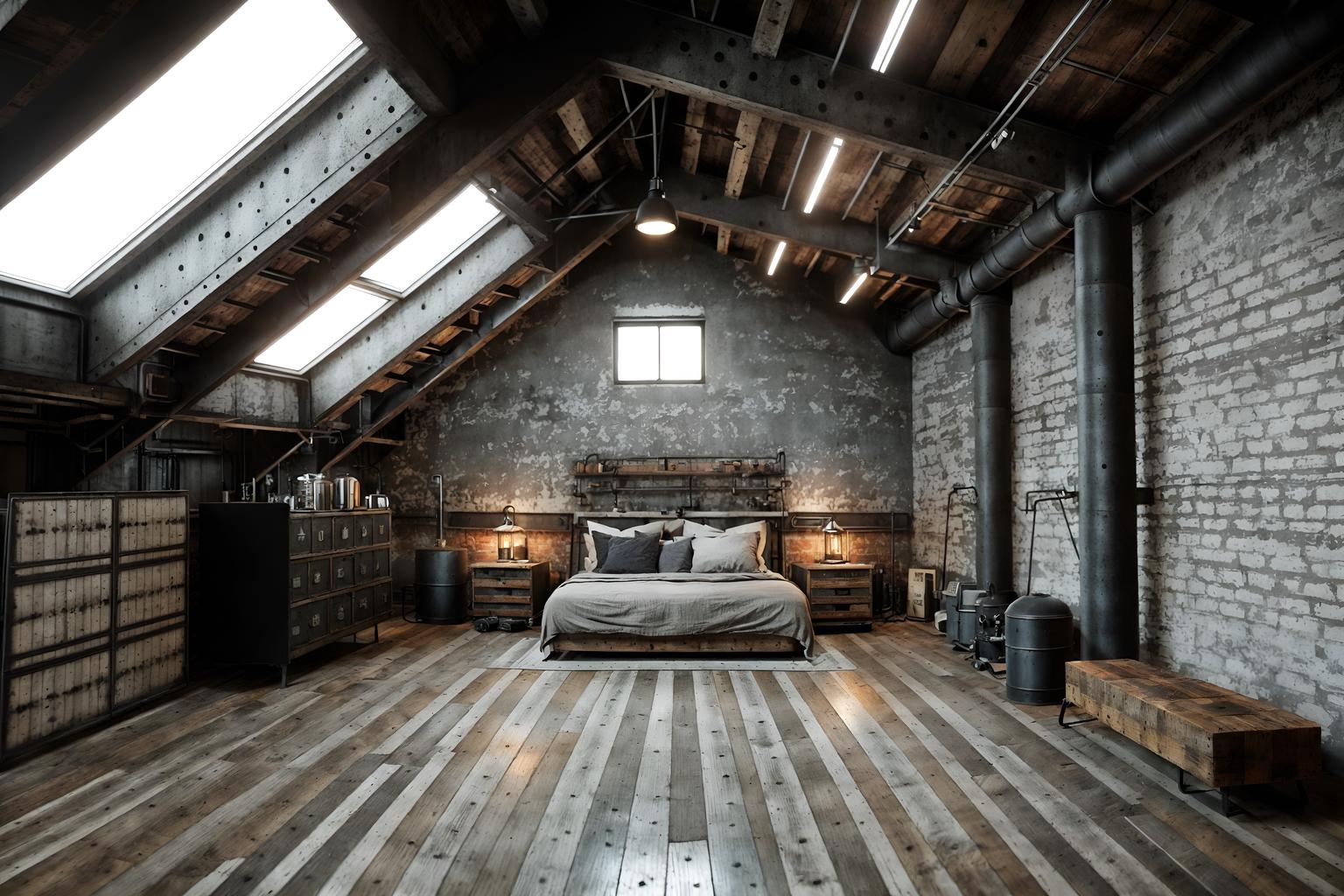 industrial-style (attic interior) . with reclaimed wood and exposed concrete and exposed brick and factory style and raw aesthetic and exposed rafters and metal panels and neutral tones. . cinematic photo, highly detailed, cinematic lighting, ultra-detailed, ultrarealistic, photorealism, 8k. industrial interior design style. masterpiece, cinematic light, ultrarealistic+, photorealistic+, 8k, raw photo, realistic, sharp focus on eyes, (symmetrical eyes), (intact eyes), hyperrealistic, highest quality, best quality, , highly detailed, masterpiece, best quality, extremely detailed 8k wallpaper, masterpiece, best quality, ultra-detailed, best shadow, detailed background, detailed face, detailed eyes, high contrast, best illumination, detailed face, dulux, caustic, dynamic angle, detailed glow. dramatic lighting. highly detailed, insanely detailed hair, symmetrical, intricate details, professionally retouched, 8k high definition. strong bokeh. award winning photo.