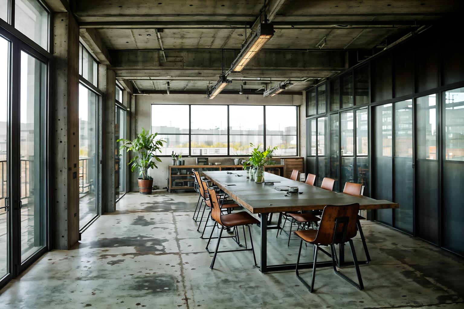 industrial-style (meeting room interior) with glass doors and office chairs and boardroom table and glass walls and cabinets and vase and plant and painting or photo on wall. . with exposed concrete and open floorplan and reclaimed wood and exposed rafters and utilitarian objects and raw aesthetic and factory style and metal panels. . cinematic photo, highly detailed, cinematic lighting, ultra-detailed, ultrarealistic, photorealism, 8k. industrial interior design style. masterpiece, cinematic light, ultrarealistic+, photorealistic+, 8k, raw photo, realistic, sharp focus on eyes, (symmetrical eyes), (intact eyes), hyperrealistic, highest quality, best quality, , highly detailed, masterpiece, best quality, extremely detailed 8k wallpaper, masterpiece, best quality, ultra-detailed, best shadow, detailed background, detailed face, detailed eyes, high contrast, best illumination, detailed face, dulux, caustic, dynamic angle, detailed glow. dramatic lighting. highly detailed, insanely detailed hair, symmetrical, intricate details, professionally retouched, 8k high definition. strong bokeh. award winning photo.