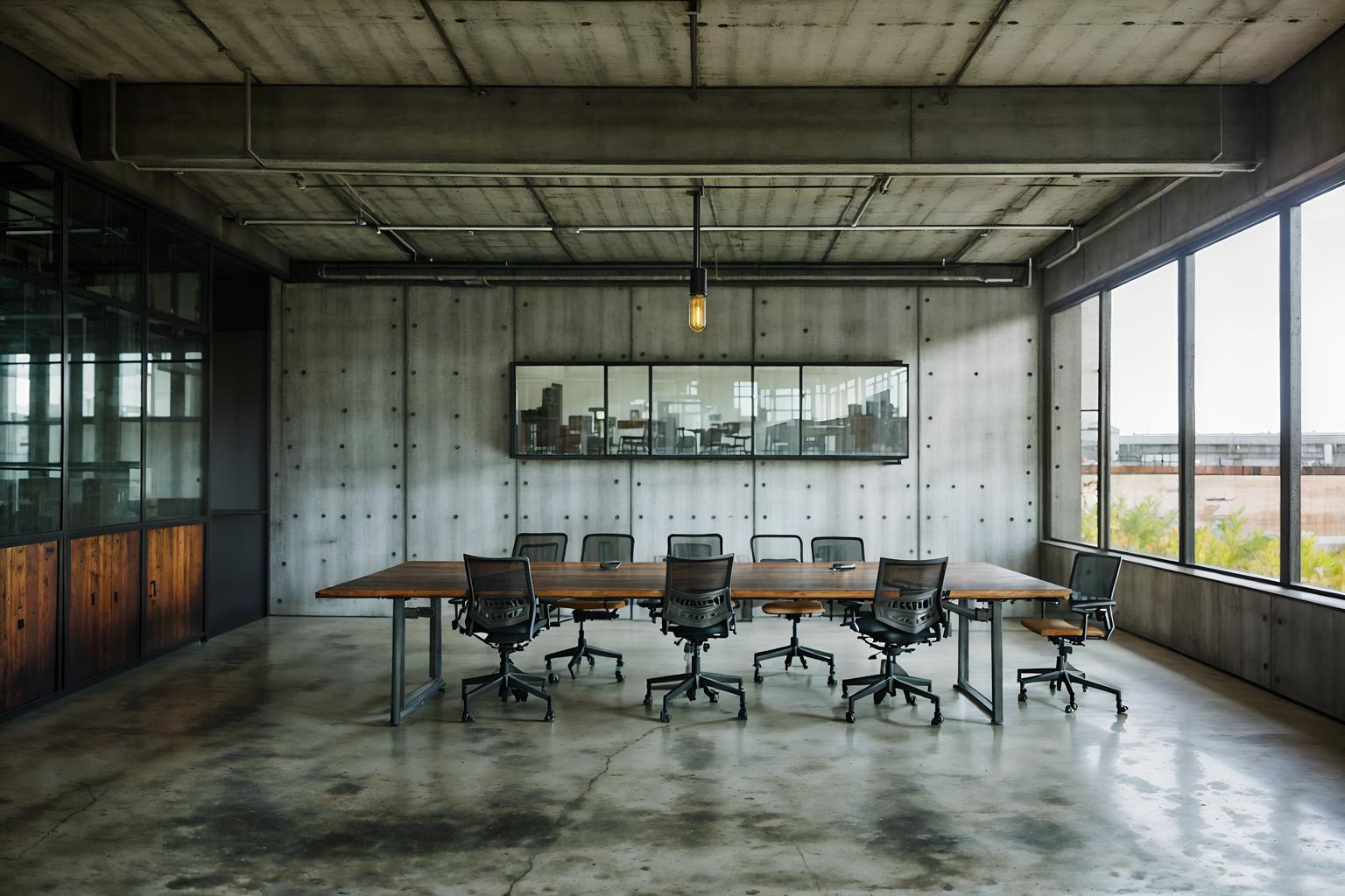 industrial-style (meeting room interior) with glass doors and office chairs and boardroom table and glass walls and cabinets and vase and plant and painting or photo on wall. . with exposed concrete and open floorplan and reclaimed wood and exposed rafters and utilitarian objects and raw aesthetic and factory style and metal panels. . cinematic photo, highly detailed, cinematic lighting, ultra-detailed, ultrarealistic, photorealism, 8k. industrial interior design style. masterpiece, cinematic light, ultrarealistic+, photorealistic+, 8k, raw photo, realistic, sharp focus on eyes, (symmetrical eyes), (intact eyes), hyperrealistic, highest quality, best quality, , highly detailed, masterpiece, best quality, extremely detailed 8k wallpaper, masterpiece, best quality, ultra-detailed, best shadow, detailed background, detailed face, detailed eyes, high contrast, best illumination, detailed face, dulux, caustic, dynamic angle, detailed glow. dramatic lighting. highly detailed, insanely detailed hair, symmetrical, intricate details, professionally retouched, 8k high definition. strong bokeh. award winning photo.