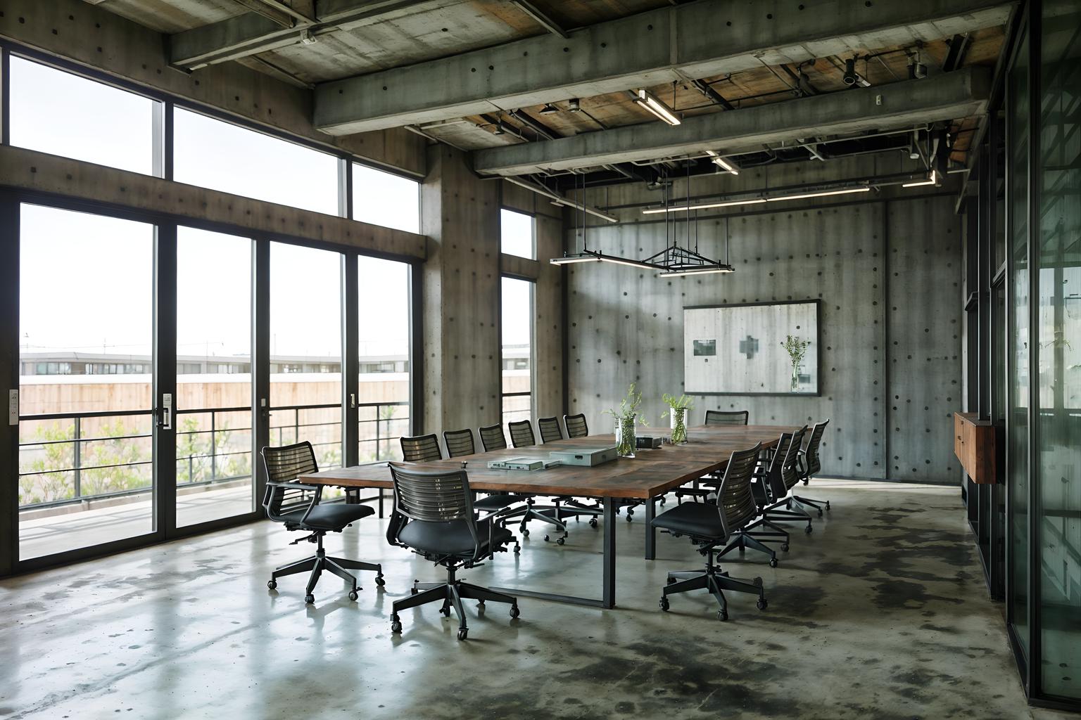 industrial-style (meeting room interior) with glass doors and office chairs and boardroom table and glass walls and cabinets and vase and plant and painting or photo on wall. . with exposed concrete and open floorplan and reclaimed wood and exposed rafters and utilitarian objects and raw aesthetic and factory style and metal panels. . cinematic photo, highly detailed, cinematic lighting, ultra-detailed, ultrarealistic, photorealism, 8k. industrial interior design style. masterpiece, cinematic light, ultrarealistic+, photorealistic+, 8k, raw photo, realistic, sharp focus on eyes, (symmetrical eyes), (intact eyes), hyperrealistic, highest quality, best quality, , highly detailed, masterpiece, best quality, extremely detailed 8k wallpaper, masterpiece, best quality, ultra-detailed, best shadow, detailed background, detailed face, detailed eyes, high contrast, best illumination, detailed face, dulux, caustic, dynamic angle, detailed glow. dramatic lighting. highly detailed, insanely detailed hair, symmetrical, intricate details, professionally retouched, 8k high definition. strong bokeh. award winning photo.