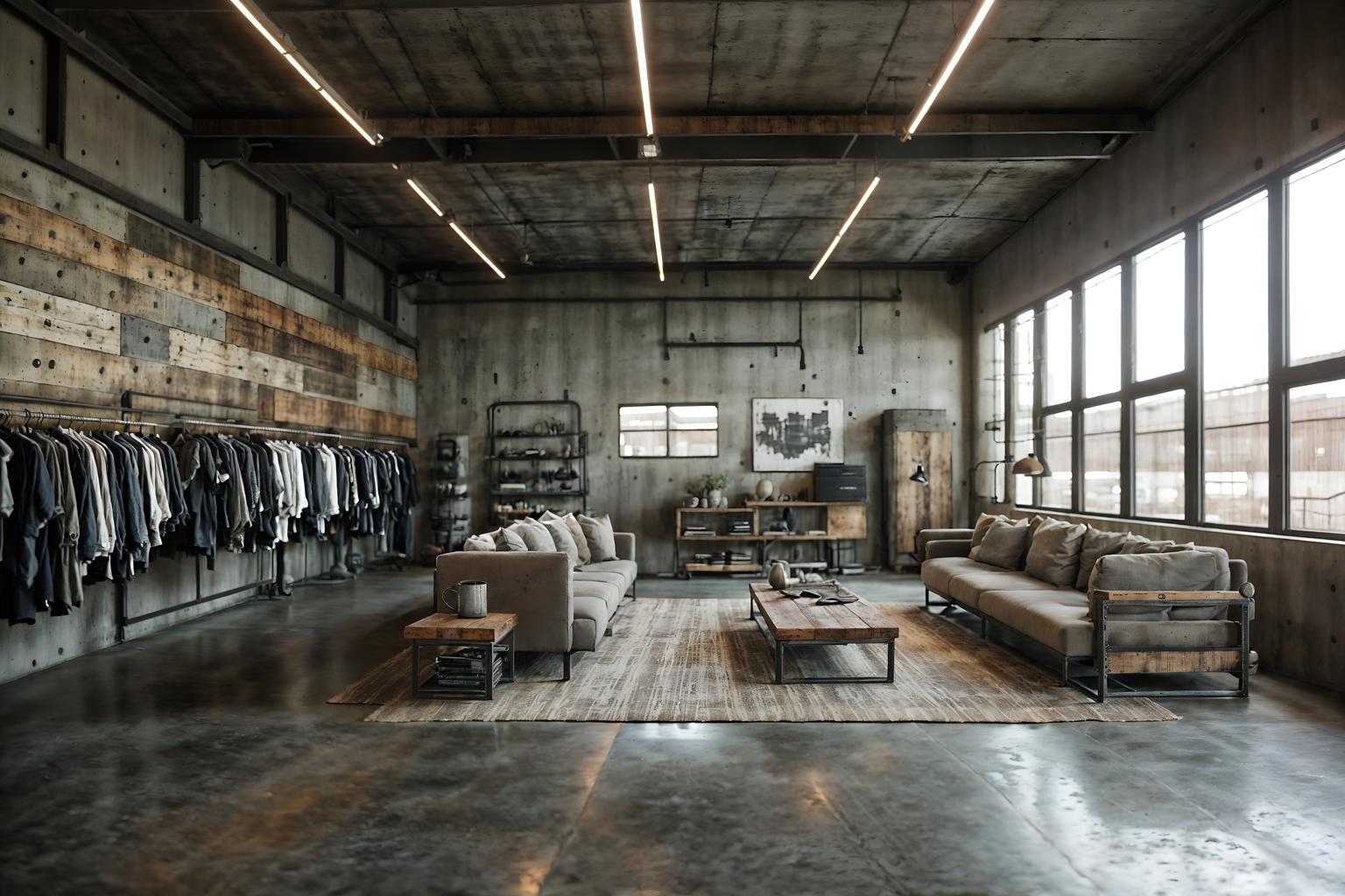 industrial-style (clothing store interior) . with raw aesthetic and neutral tones and exposed concrete and reclaimed wood and exposed rafters and metal panels and open floorplan and utilitarian objects. . cinematic photo, highly detailed, cinematic lighting, ultra-detailed, ultrarealistic, photorealism, 8k. industrial interior design style. masterpiece, cinematic light, ultrarealistic+, photorealistic+, 8k, raw photo, realistic, sharp focus on eyes, (symmetrical eyes), (intact eyes), hyperrealistic, highest quality, best quality, , highly detailed, masterpiece, best quality, extremely detailed 8k wallpaper, masterpiece, best quality, ultra-detailed, best shadow, detailed background, detailed face, detailed eyes, high contrast, best illumination, detailed face, dulux, caustic, dynamic angle, detailed glow. dramatic lighting. highly detailed, insanely detailed hair, symmetrical, intricate details, professionally retouched, 8k high definition. strong bokeh. award winning photo.