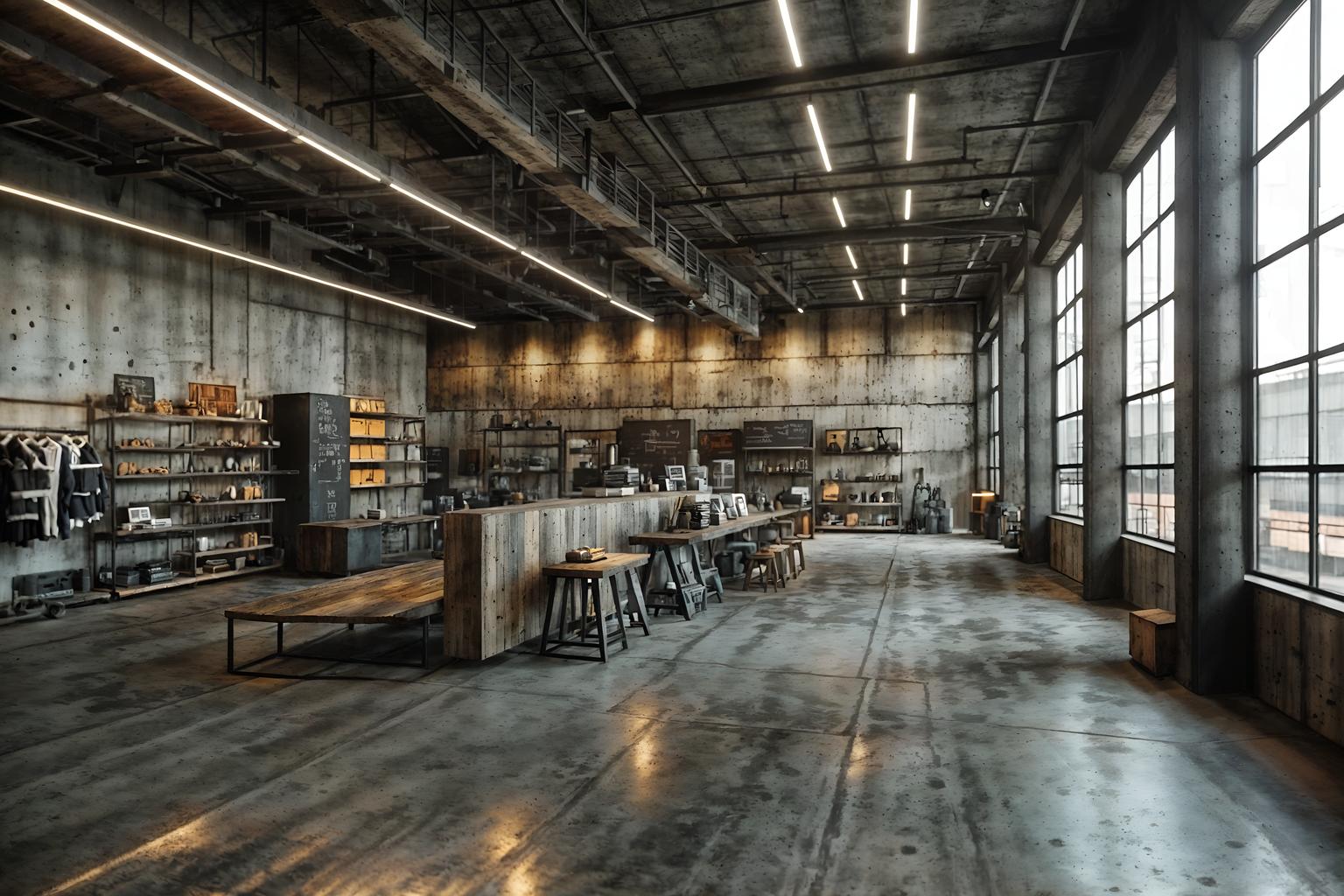 industrial-style (clothing store interior) . with raw aesthetic and neutral tones and exposed concrete and reclaimed wood and exposed rafters and metal panels and open floorplan and utilitarian objects. . cinematic photo, highly detailed, cinematic lighting, ultra-detailed, ultrarealistic, photorealism, 8k. industrial interior design style. masterpiece, cinematic light, ultrarealistic+, photorealistic+, 8k, raw photo, realistic, sharp focus on eyes, (symmetrical eyes), (intact eyes), hyperrealistic, highest quality, best quality, , highly detailed, masterpiece, best quality, extremely detailed 8k wallpaper, masterpiece, best quality, ultra-detailed, best shadow, detailed background, detailed face, detailed eyes, high contrast, best illumination, detailed face, dulux, caustic, dynamic angle, detailed glow. dramatic lighting. highly detailed, insanely detailed hair, symmetrical, intricate details, professionally retouched, 8k high definition. strong bokeh. award winning photo.