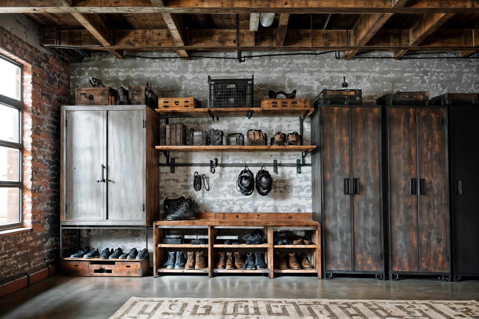 industrial-style (drop zone interior) with shelves for shoes and cabinets and wall hooks for coats and high up storage and lockers and cubbies and storage baskets and a bench. . with neutral tones and exposed brick and exposed rafters and factory style and exposed concrete and reclaimed wood and open floorplan and utilitarian objects. . cinematic photo, highly detailed, cinematic lighting, ultra-detailed, ultrarealistic, photorealism, 8k. industrial interior design style. masterpiece, cinematic light, ultrarealistic+, photorealistic+, 8k, raw photo, realistic, sharp focus on eyes, (symmetrical eyes), (intact eyes), hyperrealistic, highest quality, best quality, , highly detailed, masterpiece, best quality, extremely detailed 8k wallpaper, masterpiece, best quality, ultra-detailed, best shadow, detailed background, detailed face, detailed eyes, high contrast, best illumination, detailed face, dulux, caustic, dynamic angle, detailed glow. dramatic lighting. highly detailed, insanely detailed hair, symmetrical, intricate details, professionally retouched, 8k high definition. strong bokeh. award winning photo.