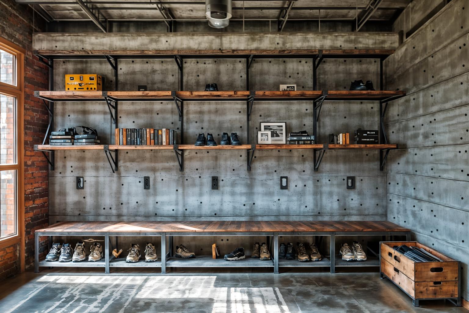 industrial-style (drop zone interior) with shelves for shoes and cabinets and wall hooks for coats and high up storage and lockers and cubbies and storage baskets and a bench. . with neutral tones and exposed brick and exposed rafters and factory style and exposed concrete and reclaimed wood and open floorplan and utilitarian objects. . cinematic photo, highly detailed, cinematic lighting, ultra-detailed, ultrarealistic, photorealism, 8k. industrial interior design style. masterpiece, cinematic light, ultrarealistic+, photorealistic+, 8k, raw photo, realistic, sharp focus on eyes, (symmetrical eyes), (intact eyes), hyperrealistic, highest quality, best quality, , highly detailed, masterpiece, best quality, extremely detailed 8k wallpaper, masterpiece, best quality, ultra-detailed, best shadow, detailed background, detailed face, detailed eyes, high contrast, best illumination, detailed face, dulux, caustic, dynamic angle, detailed glow. dramatic lighting. highly detailed, insanely detailed hair, symmetrical, intricate details, professionally retouched, 8k high definition. strong bokeh. award winning photo.