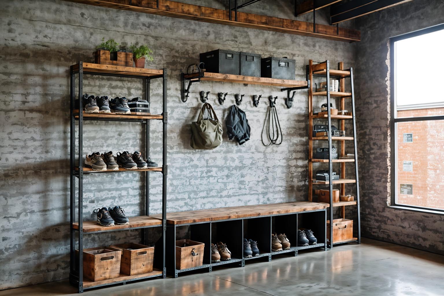 industrial-style (drop zone interior) with shelves for shoes and cabinets and wall hooks for coats and high up storage and lockers and cubbies and storage baskets and a bench. . with neutral tones and exposed brick and exposed rafters and factory style and exposed concrete and reclaimed wood and open floorplan and utilitarian objects. . cinematic photo, highly detailed, cinematic lighting, ultra-detailed, ultrarealistic, photorealism, 8k. industrial interior design style. masterpiece, cinematic light, ultrarealistic+, photorealistic+, 8k, raw photo, realistic, sharp focus on eyes, (symmetrical eyes), (intact eyes), hyperrealistic, highest quality, best quality, , highly detailed, masterpiece, best quality, extremely detailed 8k wallpaper, masterpiece, best quality, ultra-detailed, best shadow, detailed background, detailed face, detailed eyes, high contrast, best illumination, detailed face, dulux, caustic, dynamic angle, detailed glow. dramatic lighting. highly detailed, insanely detailed hair, symmetrical, intricate details, professionally retouched, 8k high definition. strong bokeh. award winning photo.